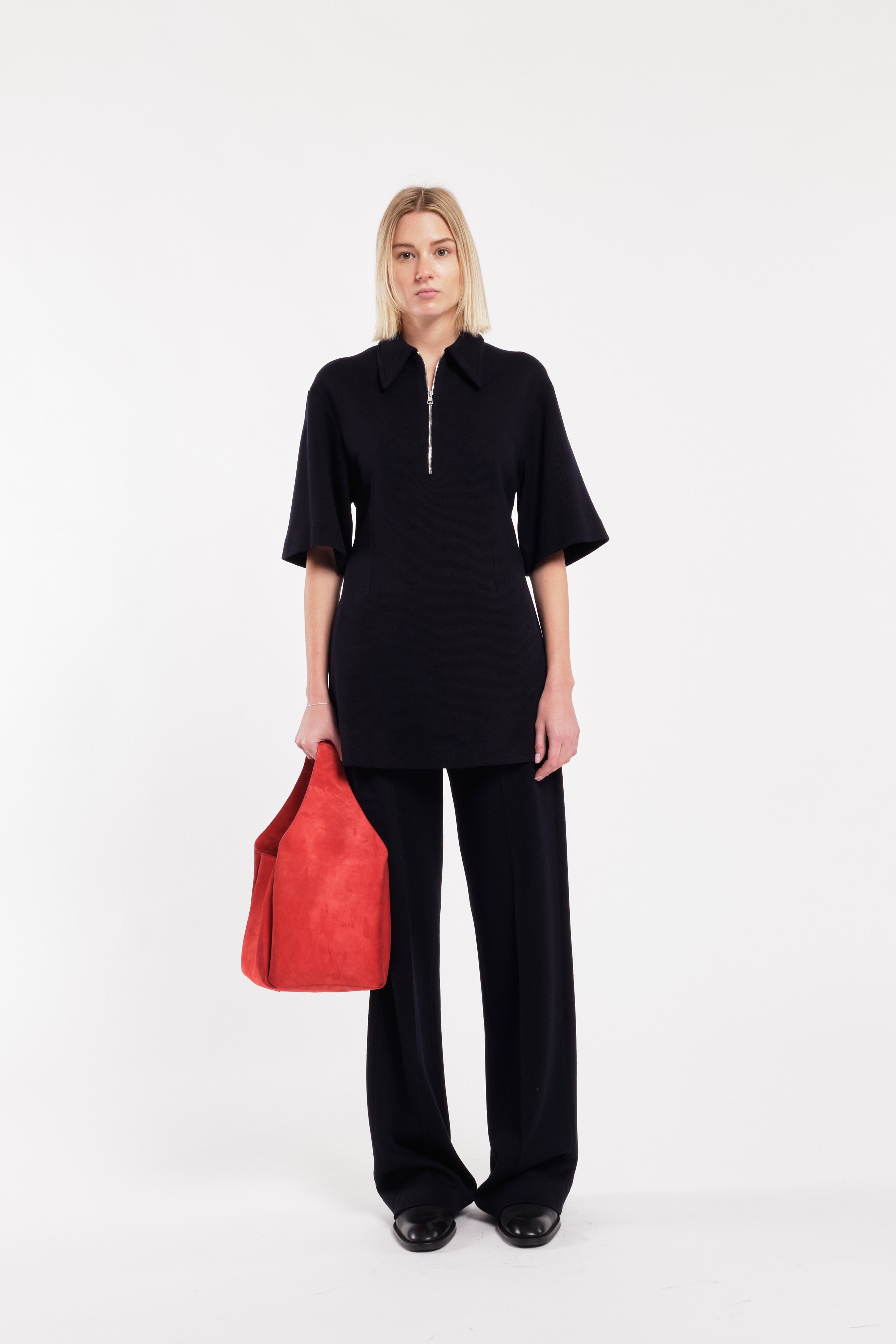 Dark Blue Short-Sleeve Polo Top With Front Zip In Wool Jersey