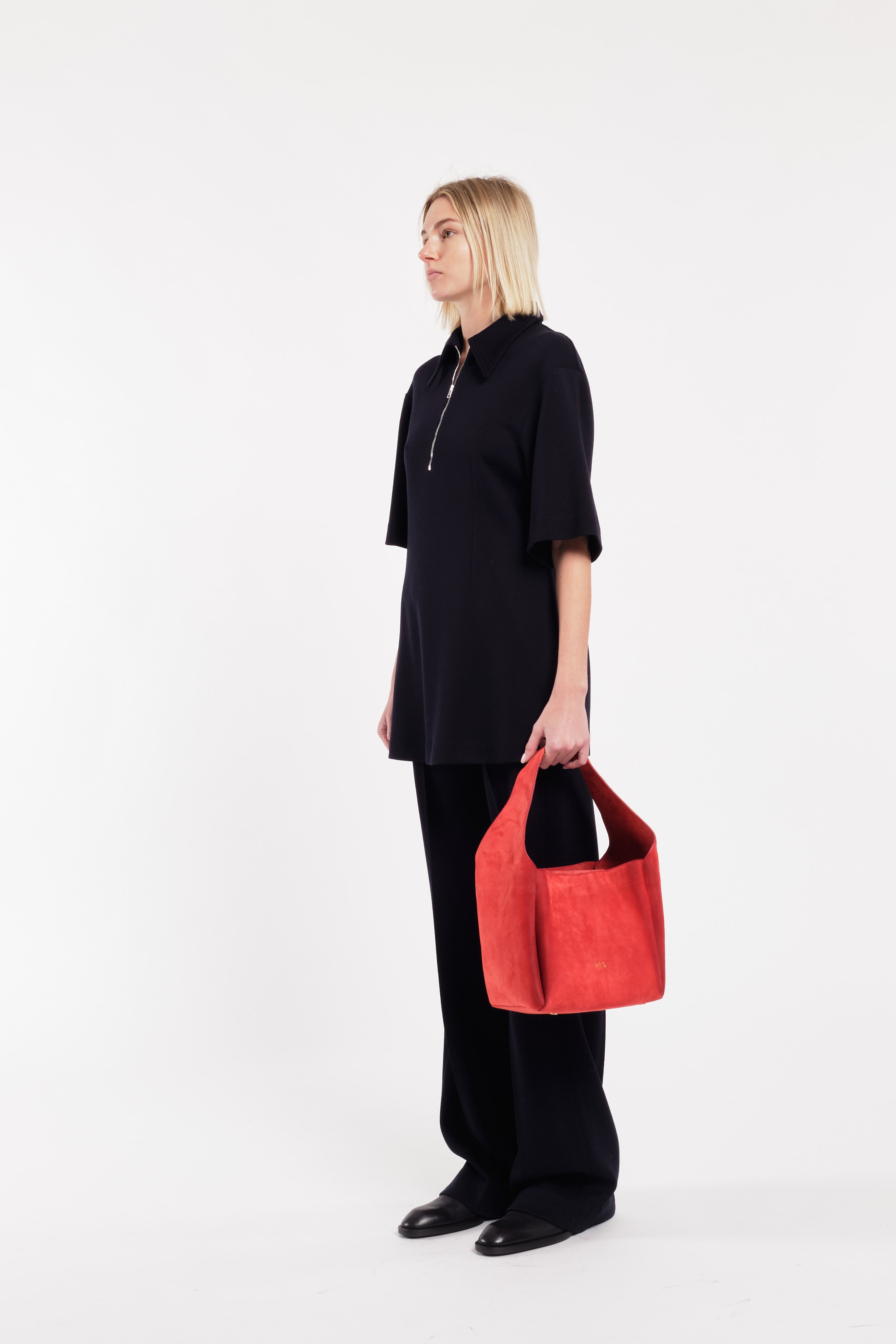 Dark Blue Short-Sleeve Polo Top With Front Zip In Wool Jersey