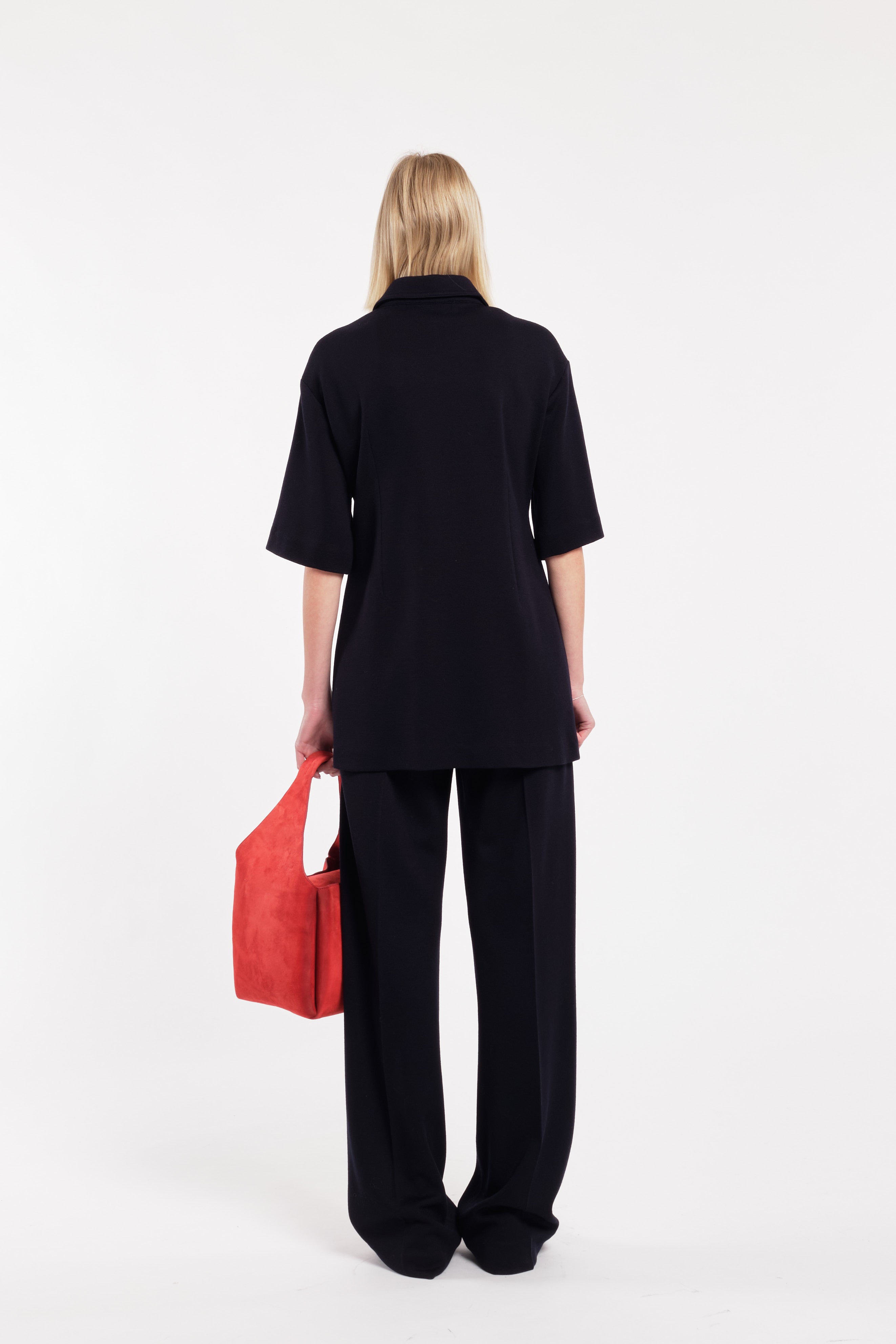 Dark Blue Short-Sleeve Polo Top With Front Zip In Wool Jersey