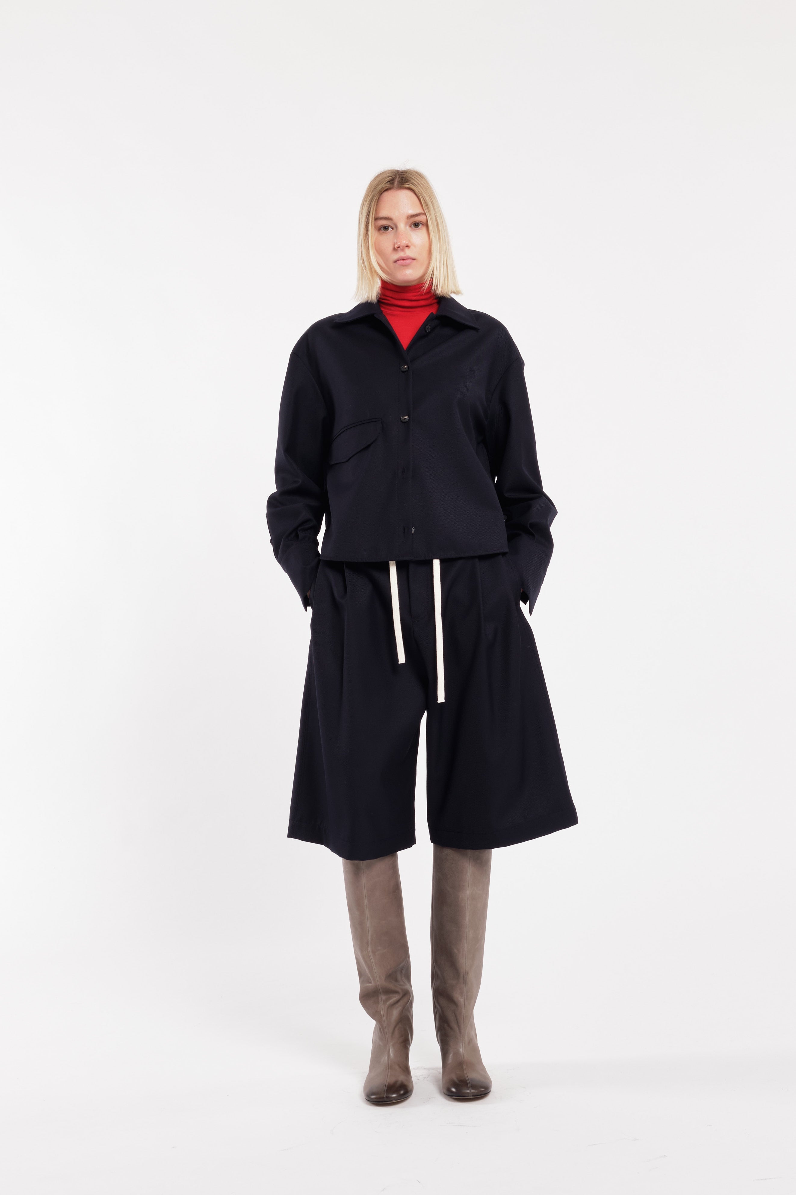 Dark Blue Wool Twill Bermuda Shorts With White Contrast Ribbon Detail