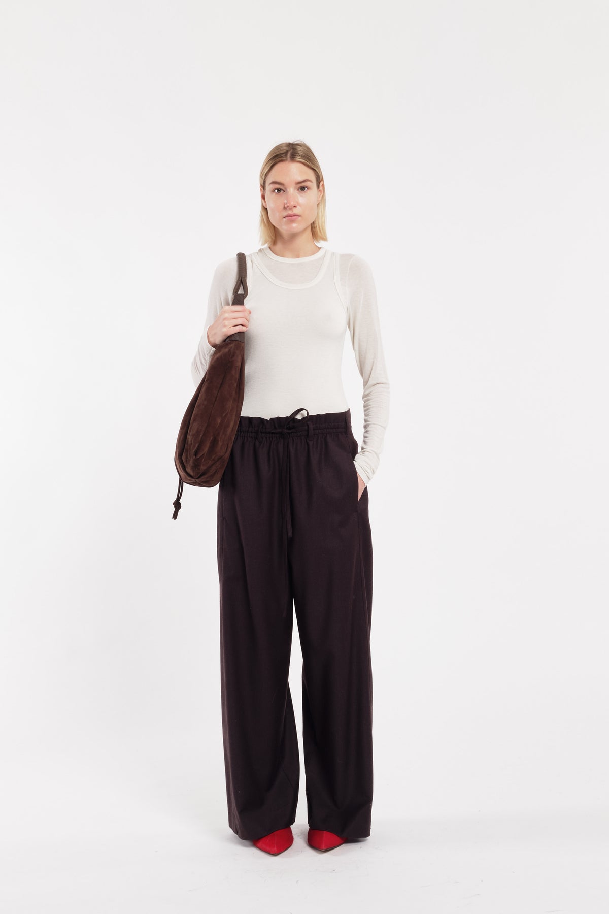 Brown Relaxed Flannel Trousers With Adjustable Waistband