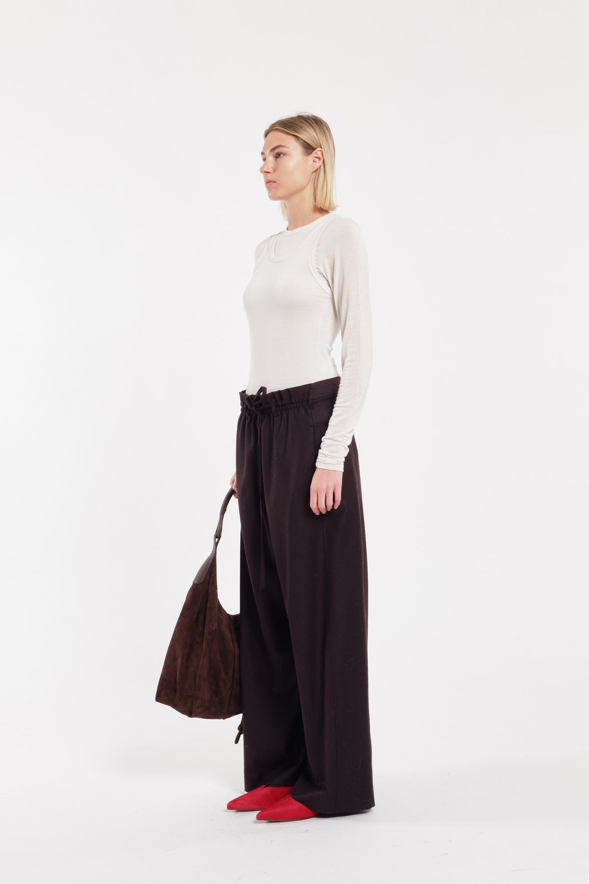 Brown Relaxed Flannel Trousers With Adjustable Waistband