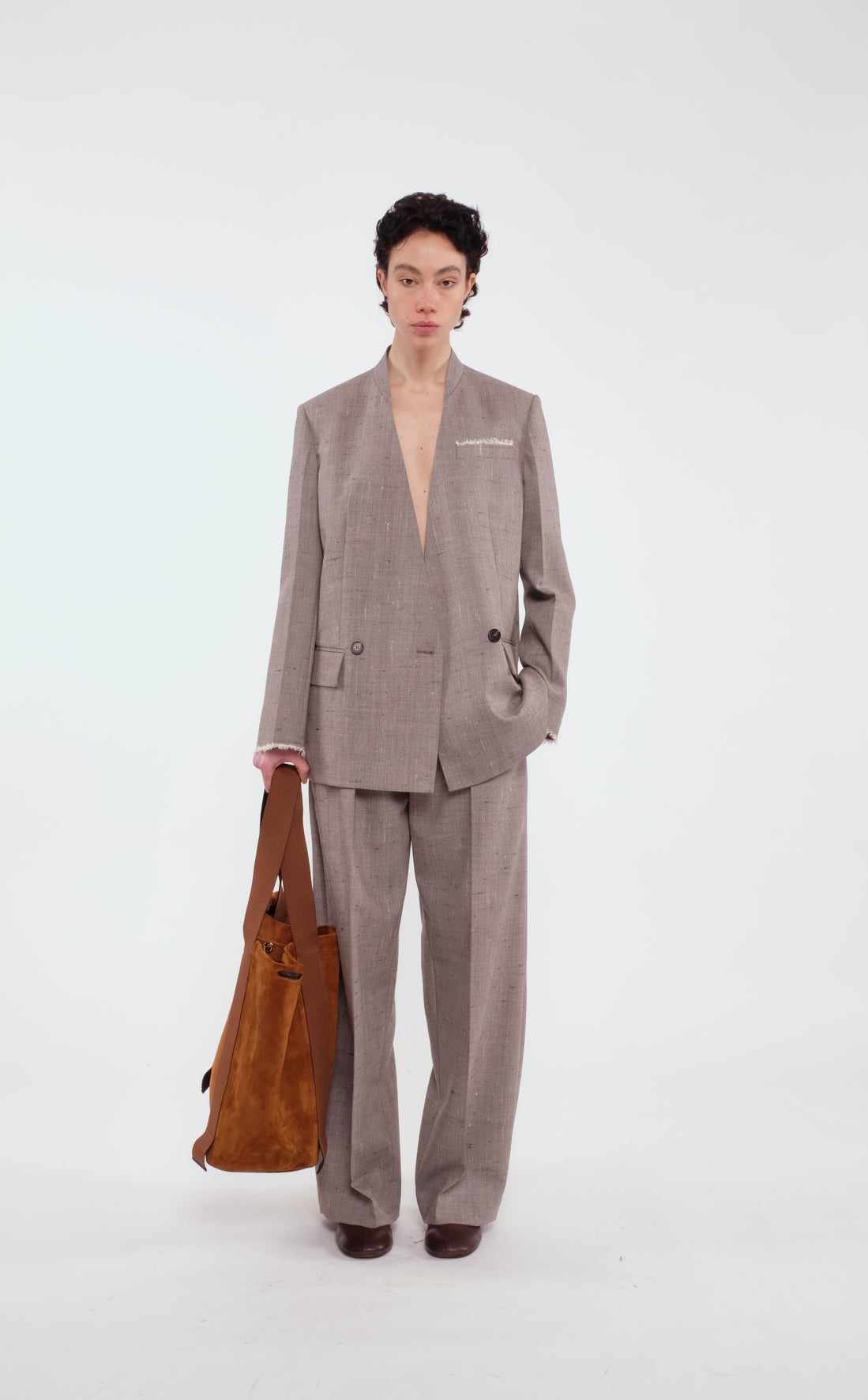 Collarless Double-Breasted Blazer In Slub Wool