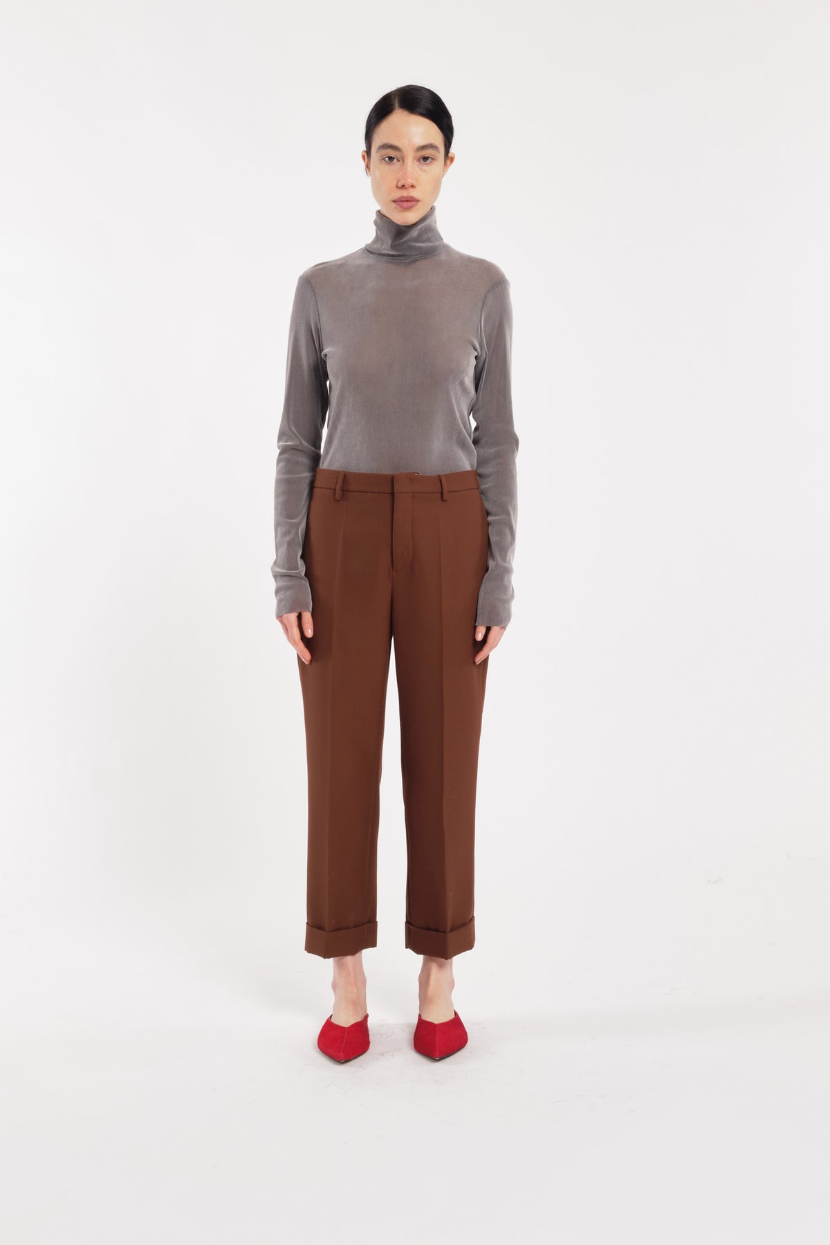 Grey Long-Sleeve Flocked Tulle Turtleneck Top