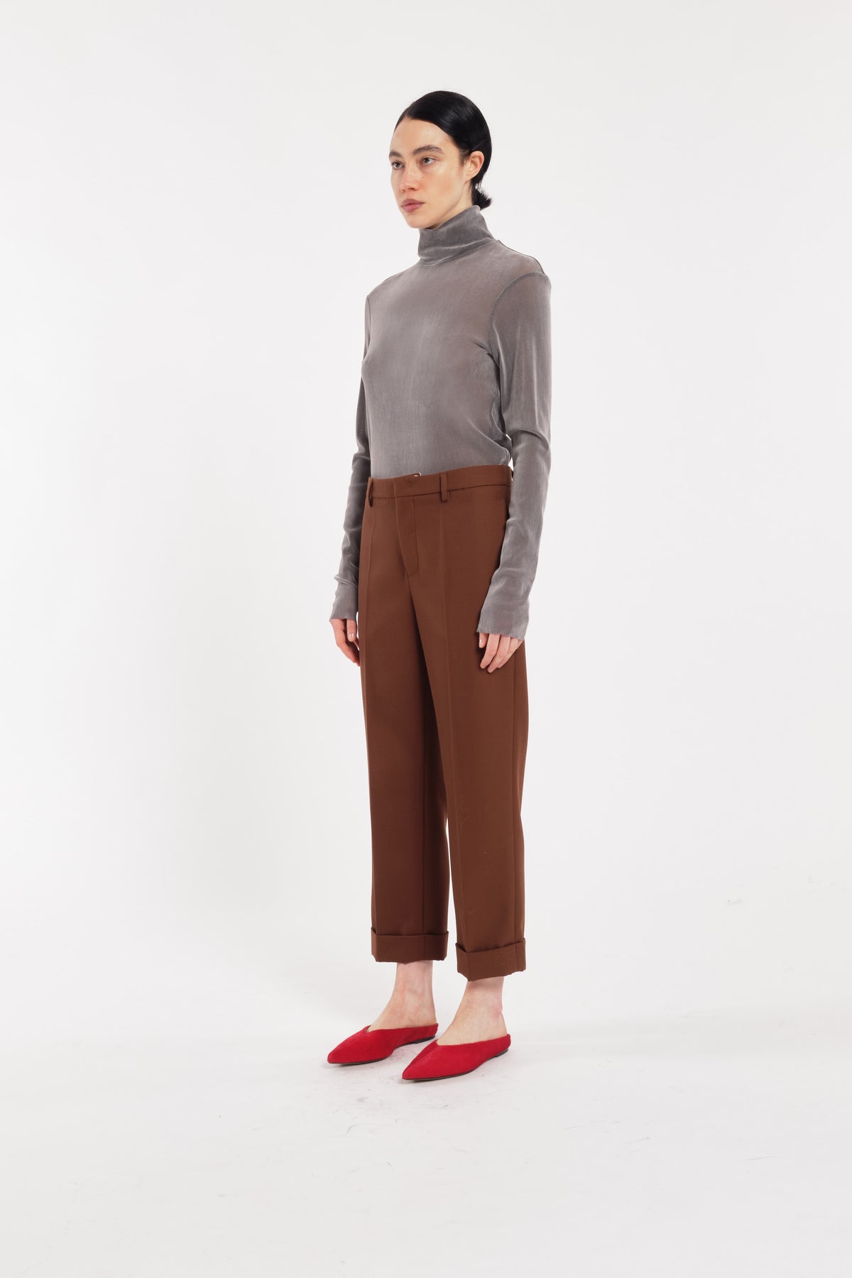 Grey Long-Sleeve Flocked Tulle Turtleneck Top