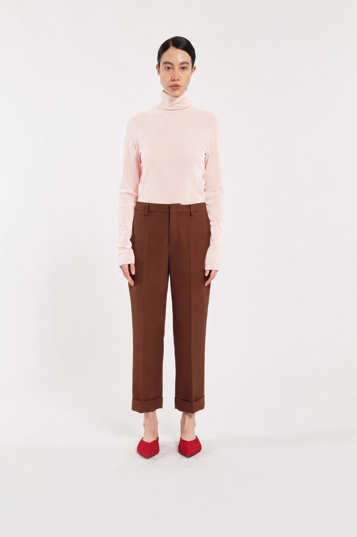 Dusty Pink Long-Sleeve Flocked Tulle Turtleneck Top