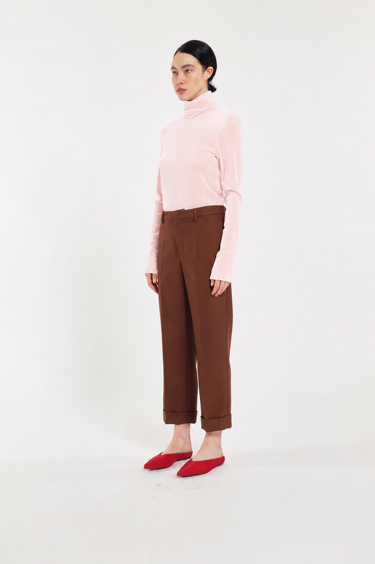 Dusty Pink Long-Sleeve Flocked Tulle Turtleneck Top