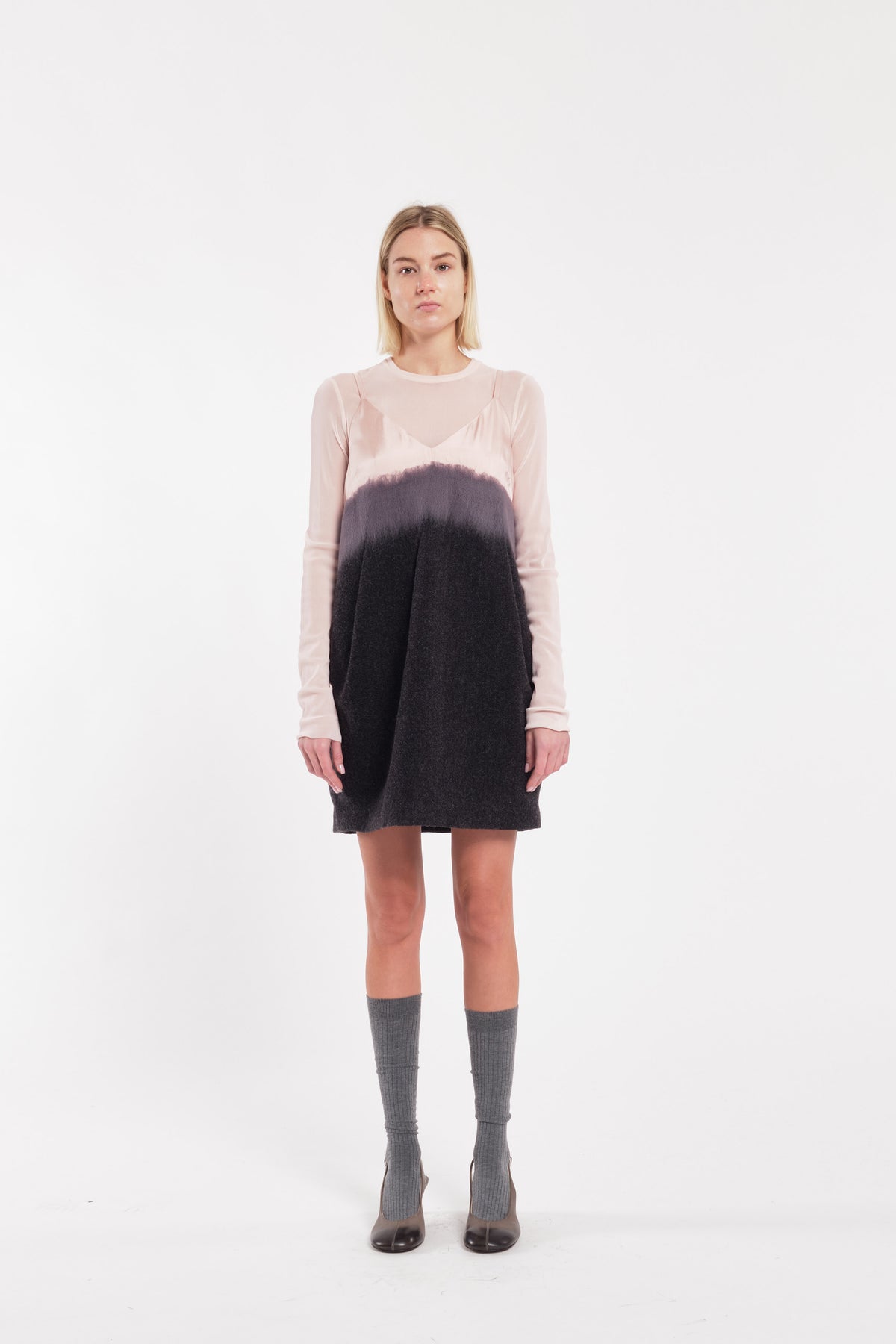 Dusty Pink Long-Sleeve Flocked Tulle Crewneck Top
