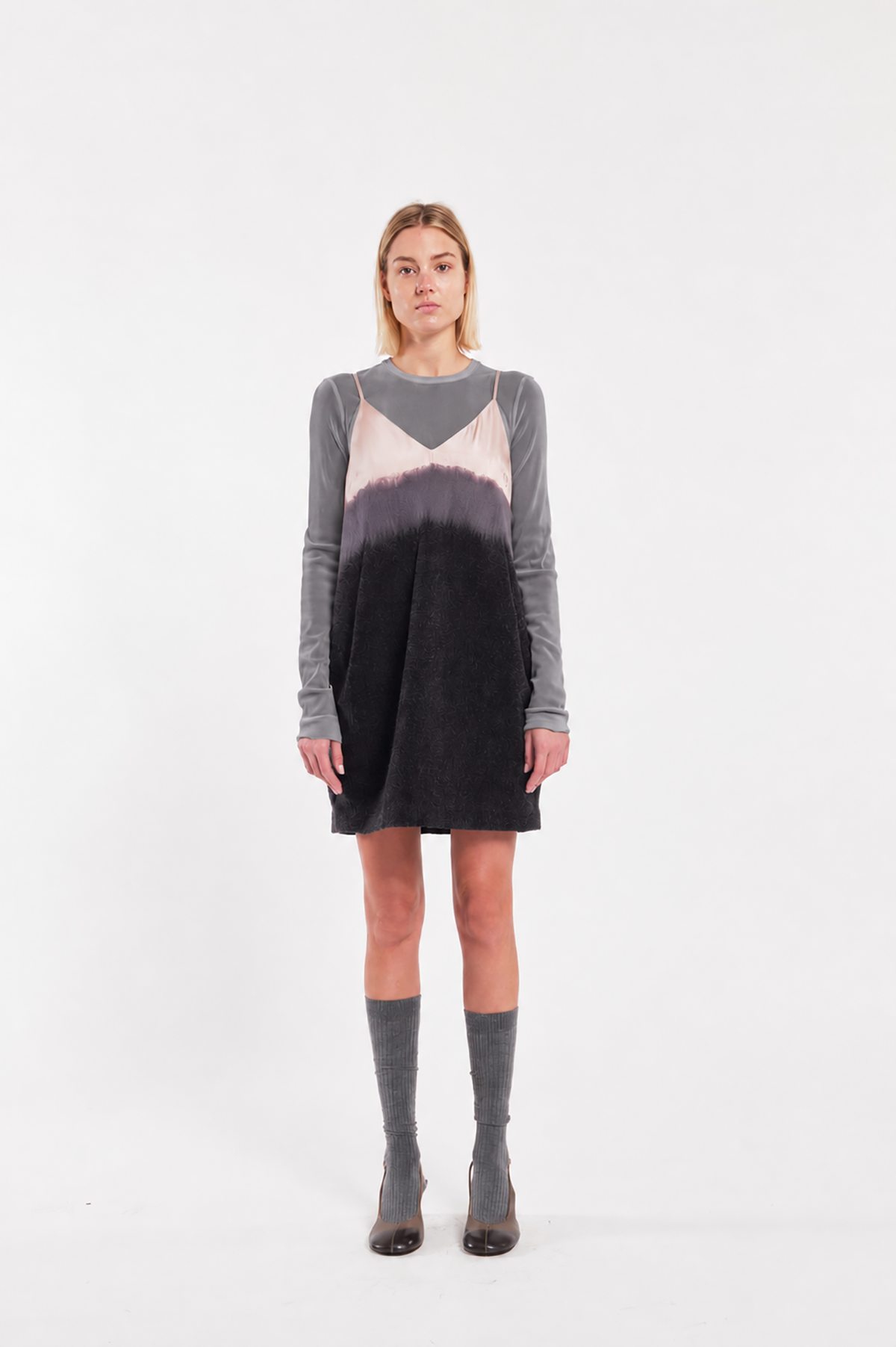 Grey Long-Sleeve Flocked Tulle Crewneck Top