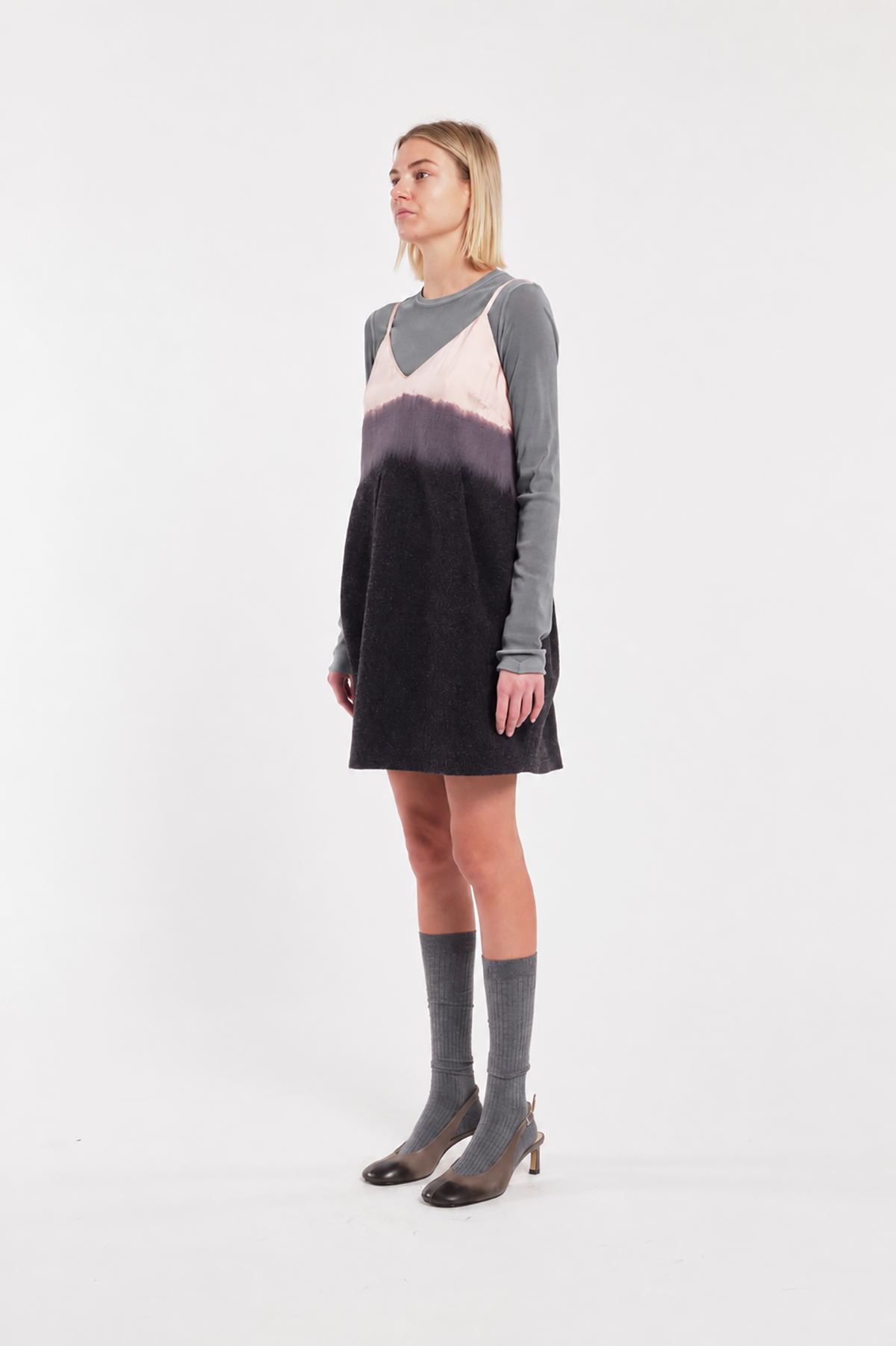 Grey Long-Sleeve Flocked Tulle Crewneck Top