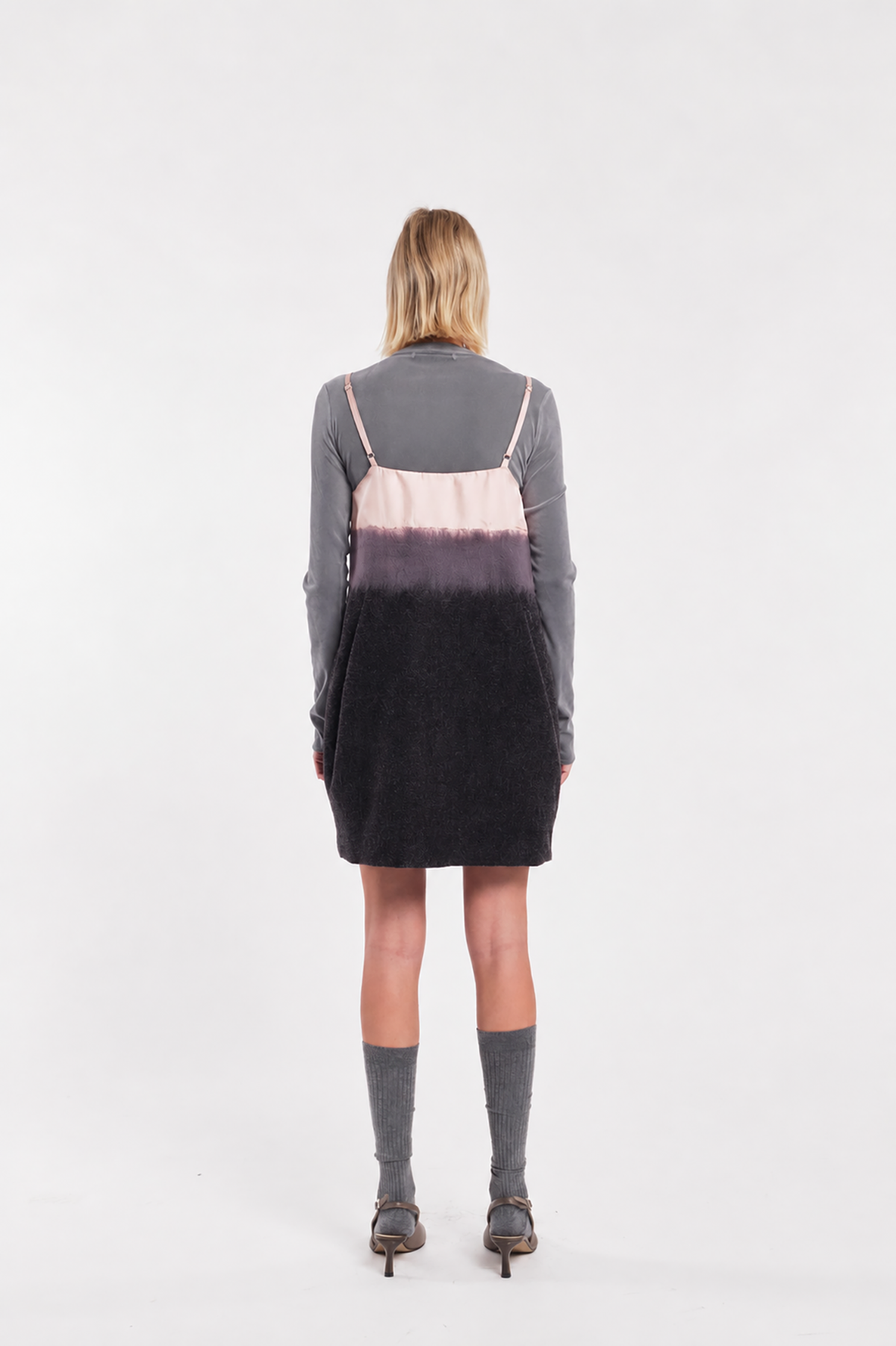 Grey Long-Sleeve Flocked Tulle Crewneck Top