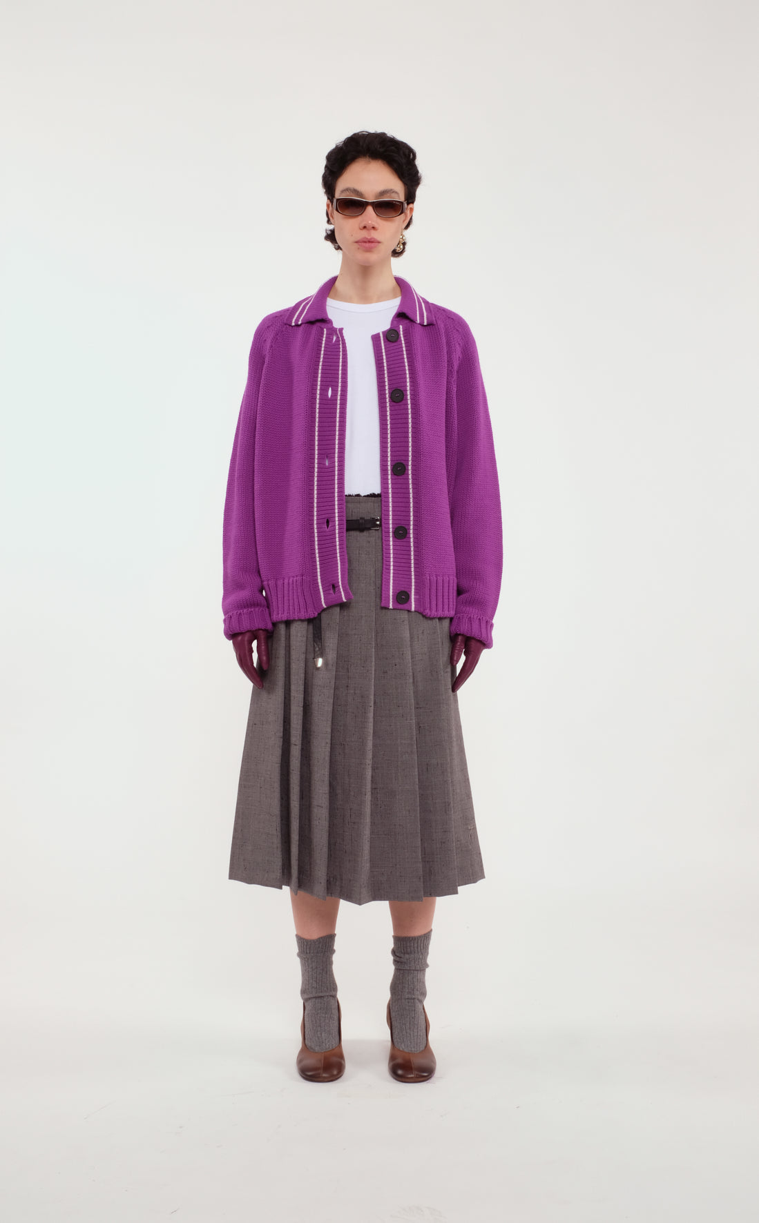 Grey Long Pleated Skirt In Slub Wool