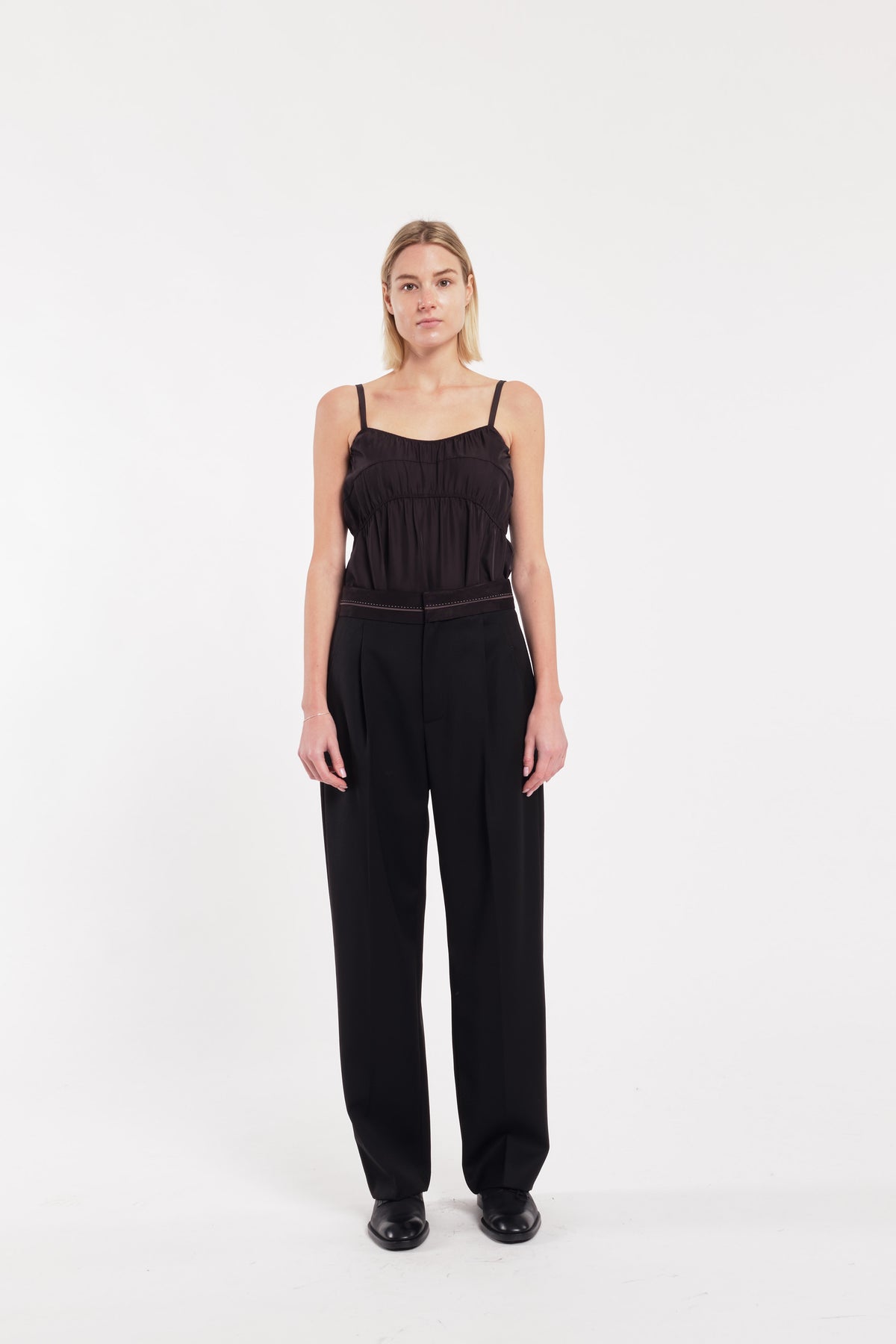 Black Straight-Leg Trousers In Worsted Wool With Waistband Detail