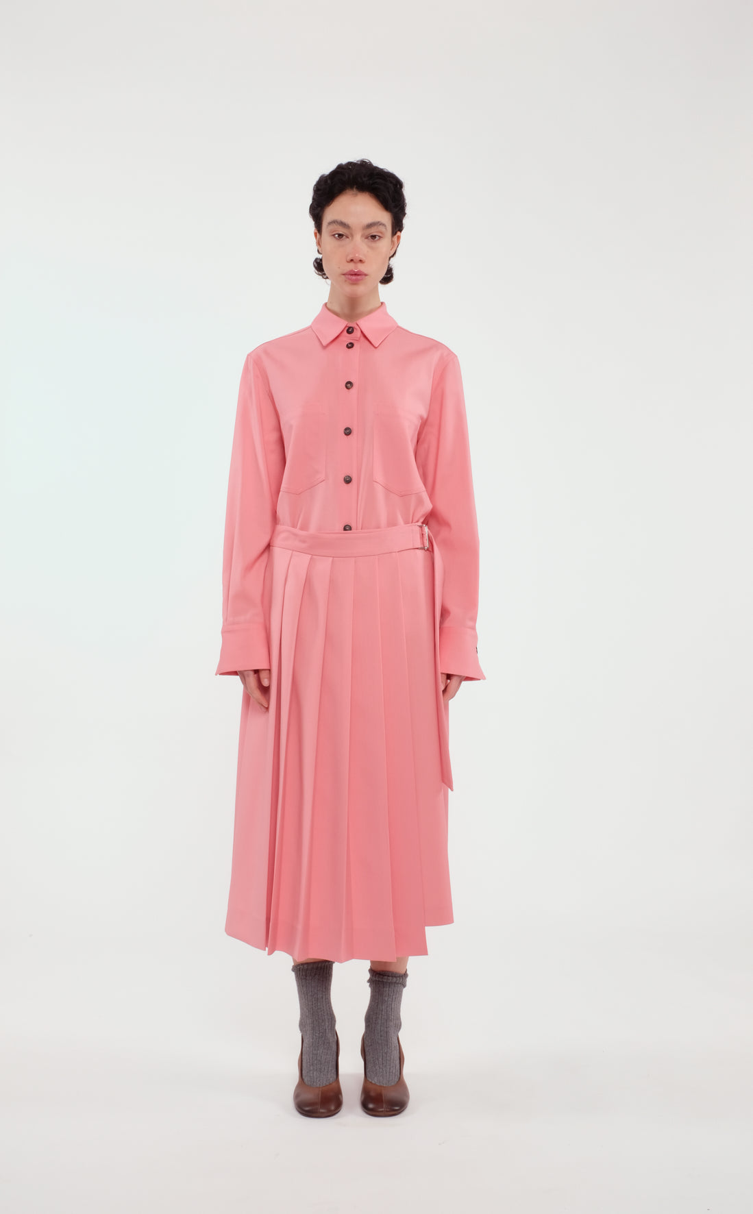 Pink Long-Sleeved Shirt In Technical Wool With Contrasting Buttons
