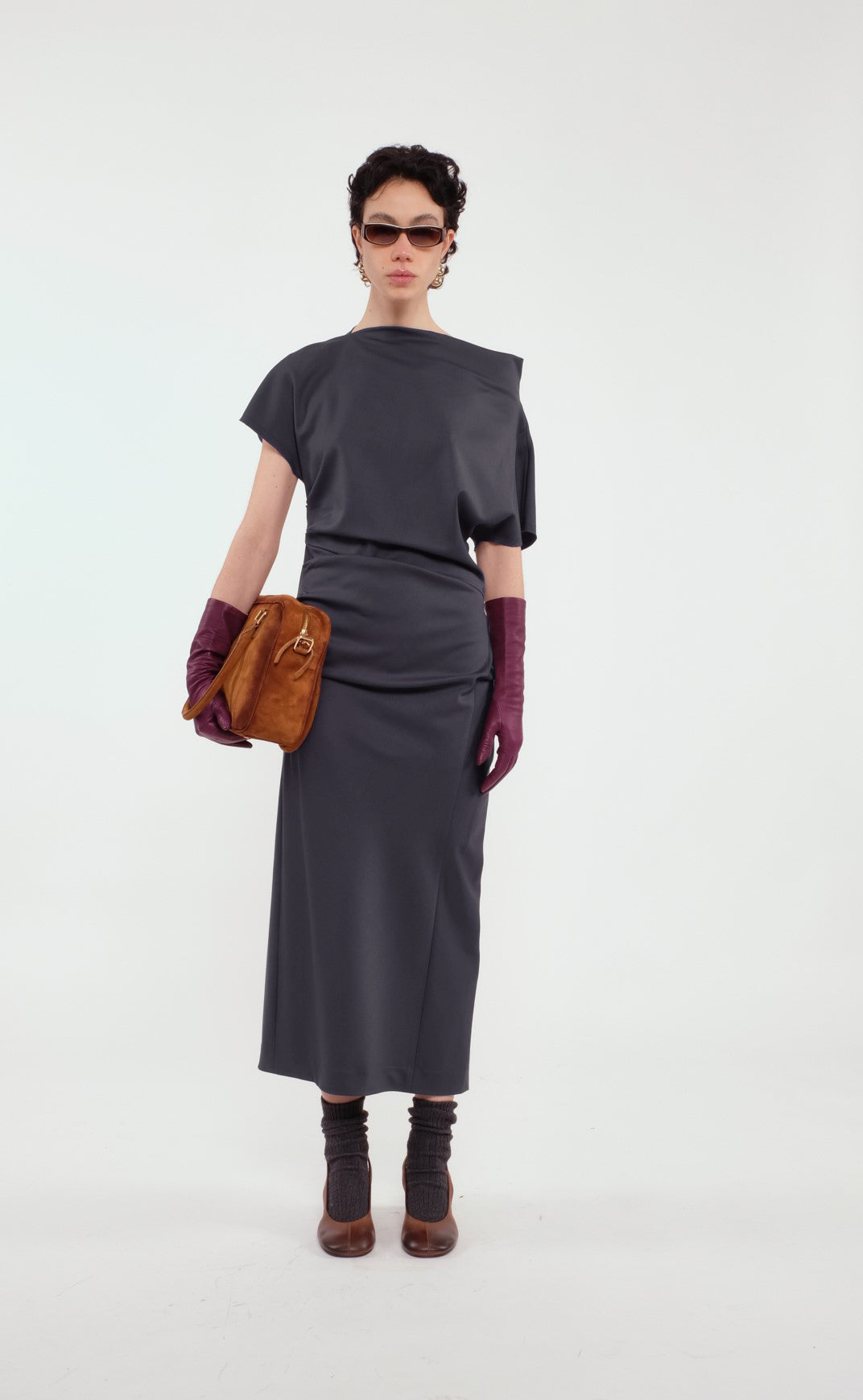 Long Dark Grey Asymmetric Dress In Technical Wool