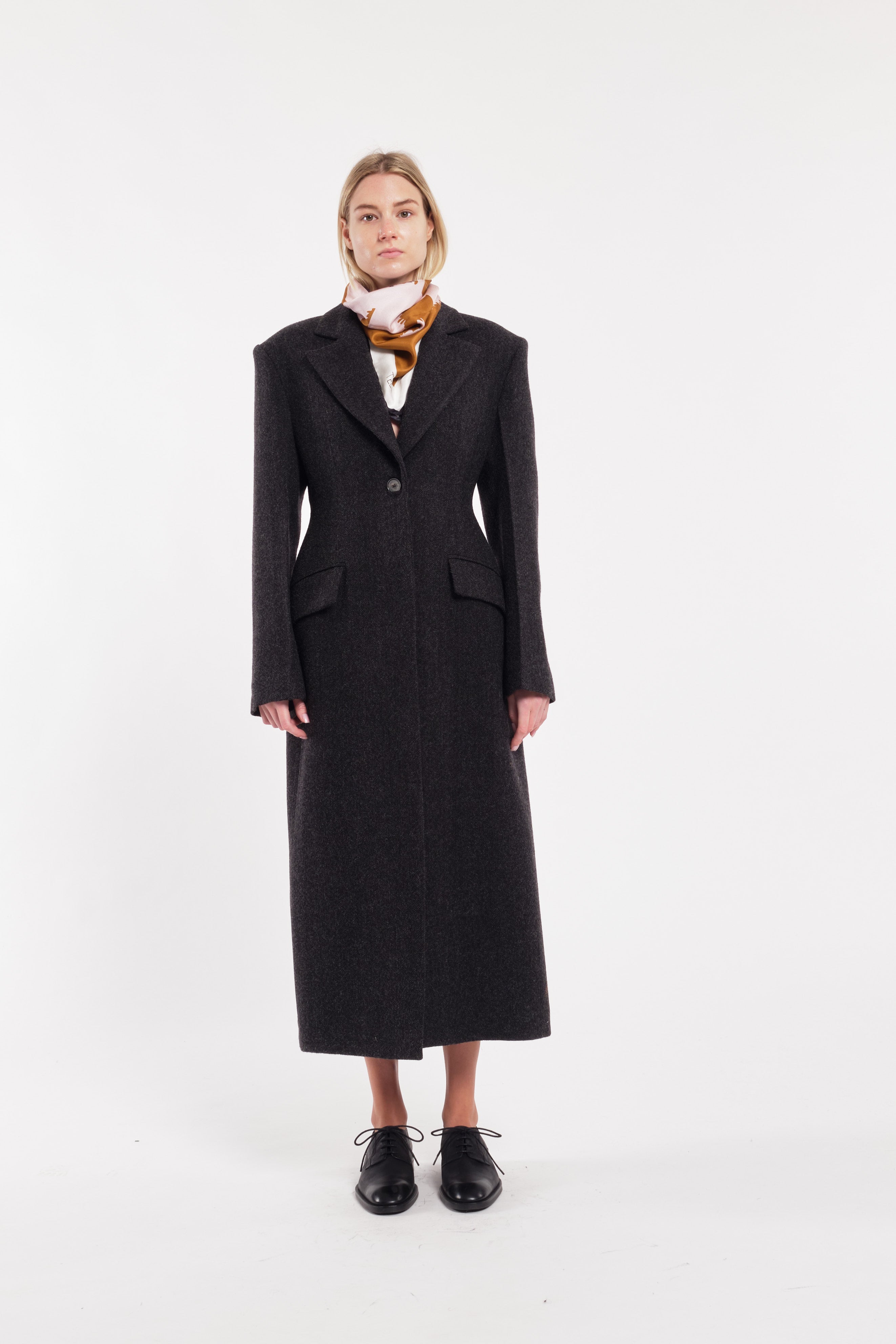Long Anthracite Grey Wool Cloth Coat With Tailored Waist