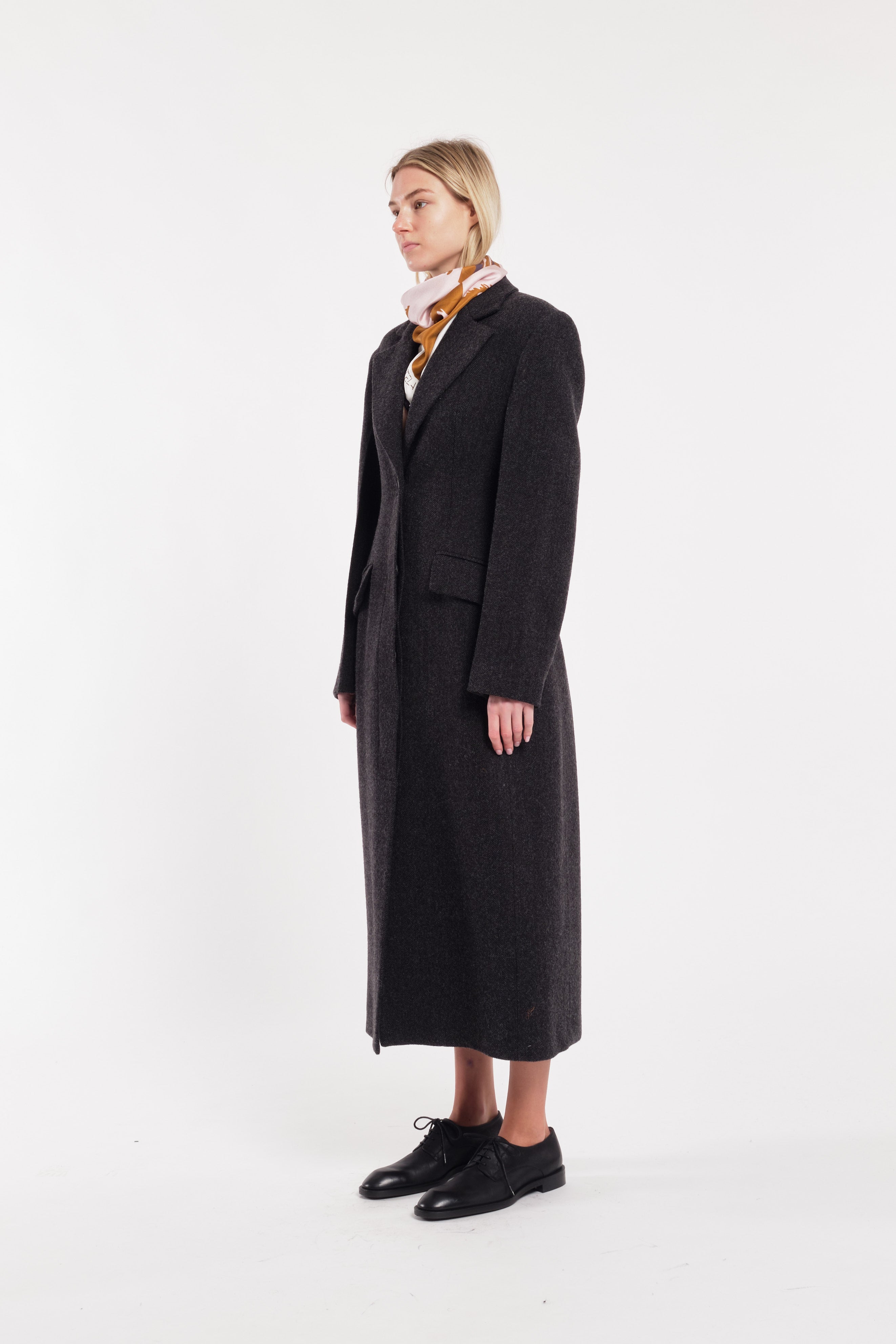 Long Anthracite Grey Wool Cloth Coat With Tailored Waist