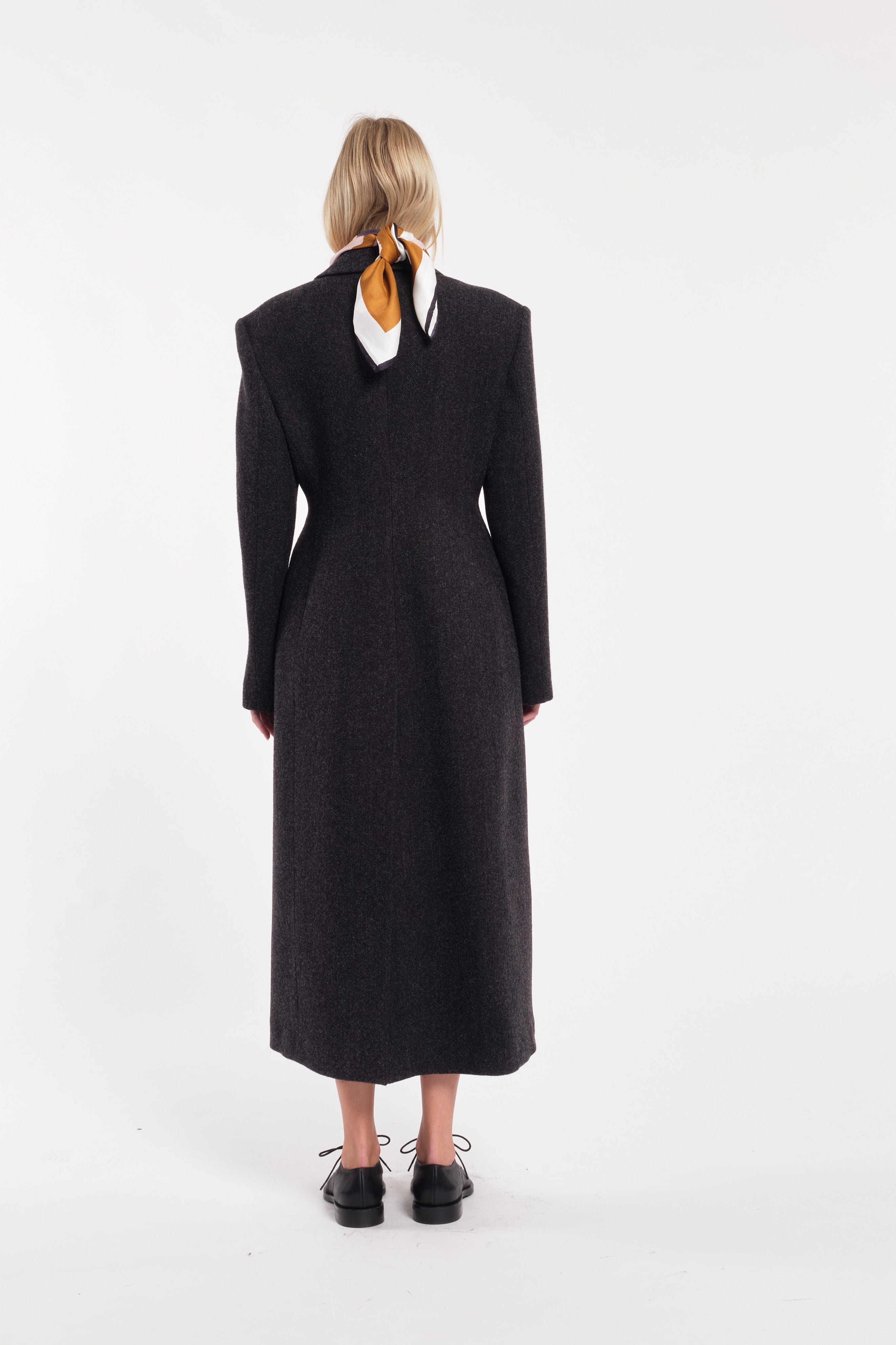 Long Anthracite Grey Wool Cloth Coat With Tailored Waist