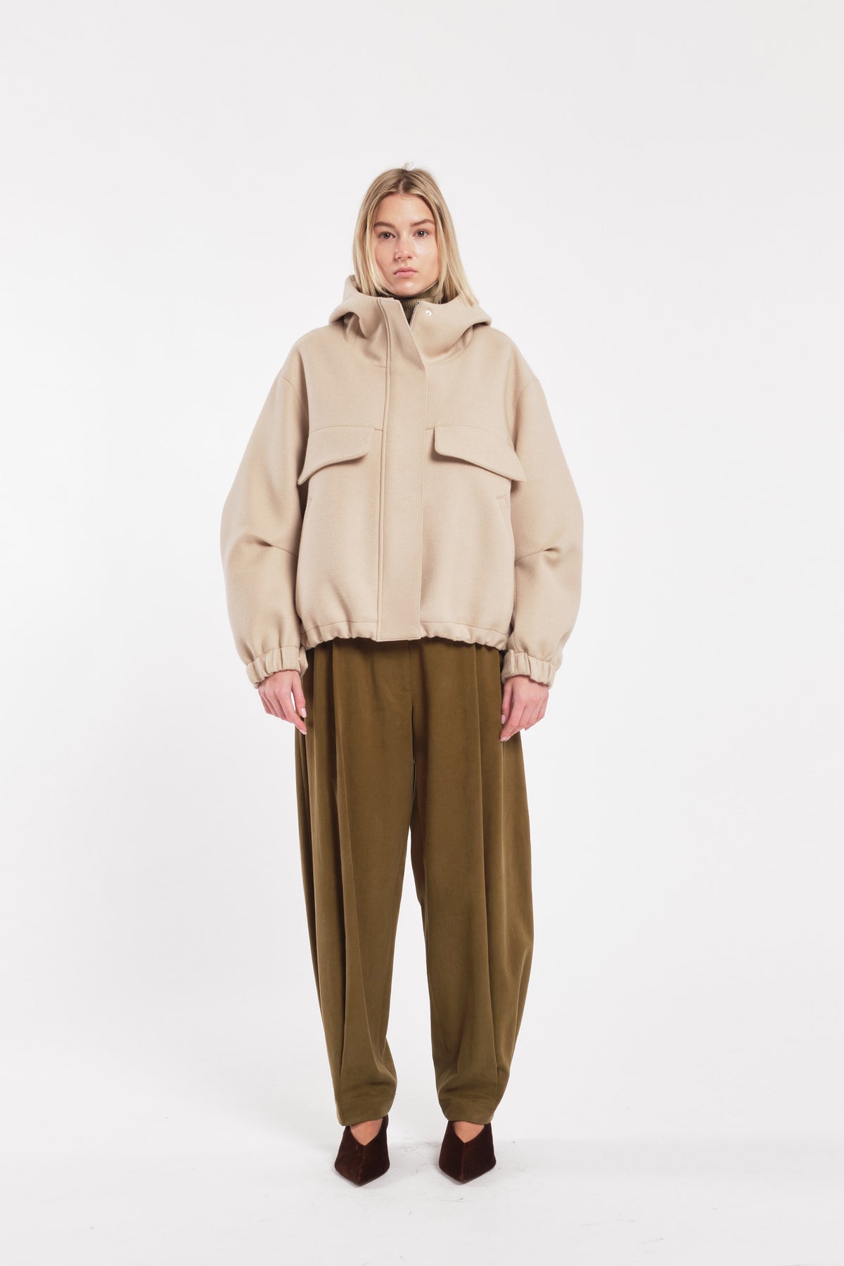 Beige Wool Hooded Bomber Jacket