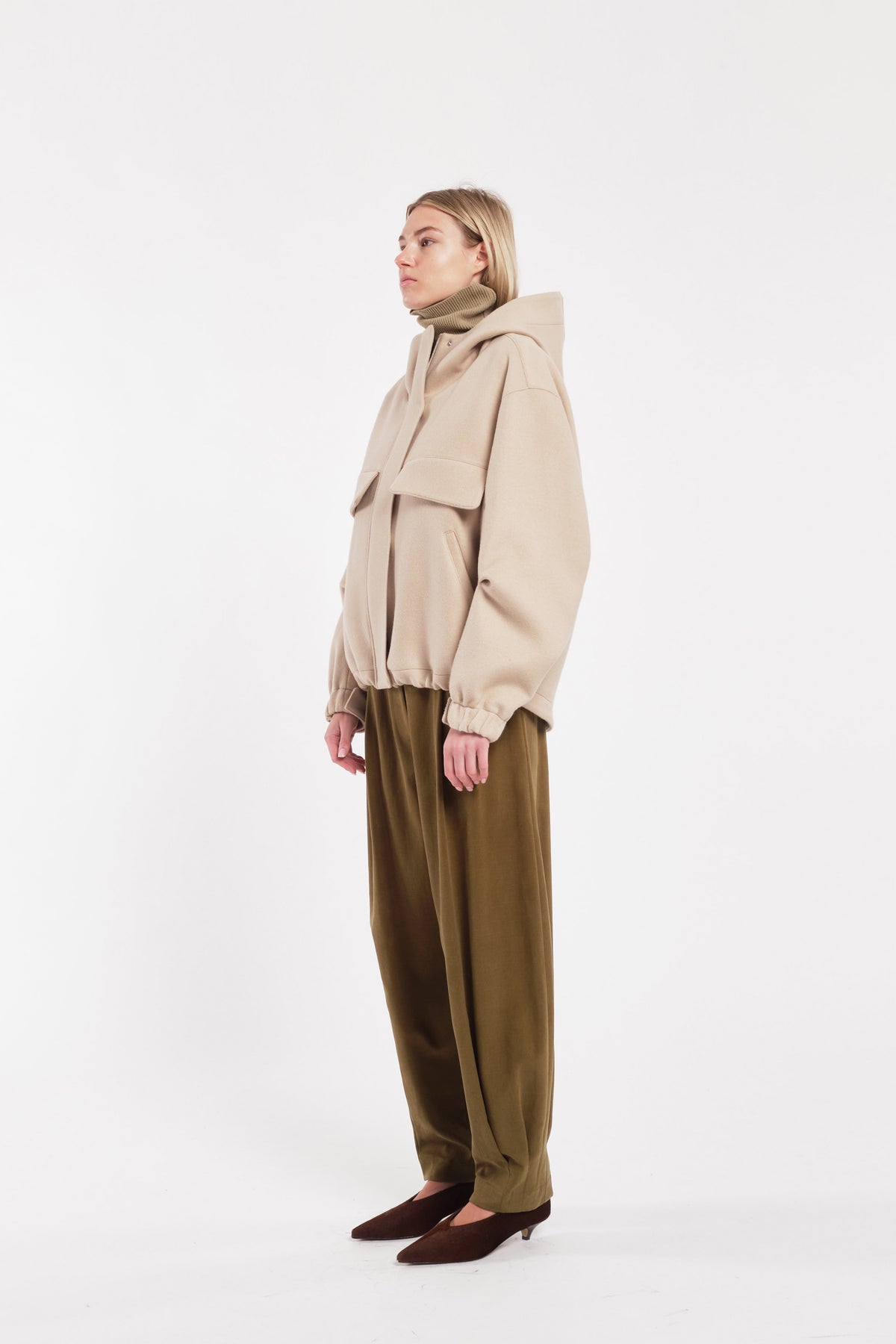 Beige Wool Hooded Bomber Jacket