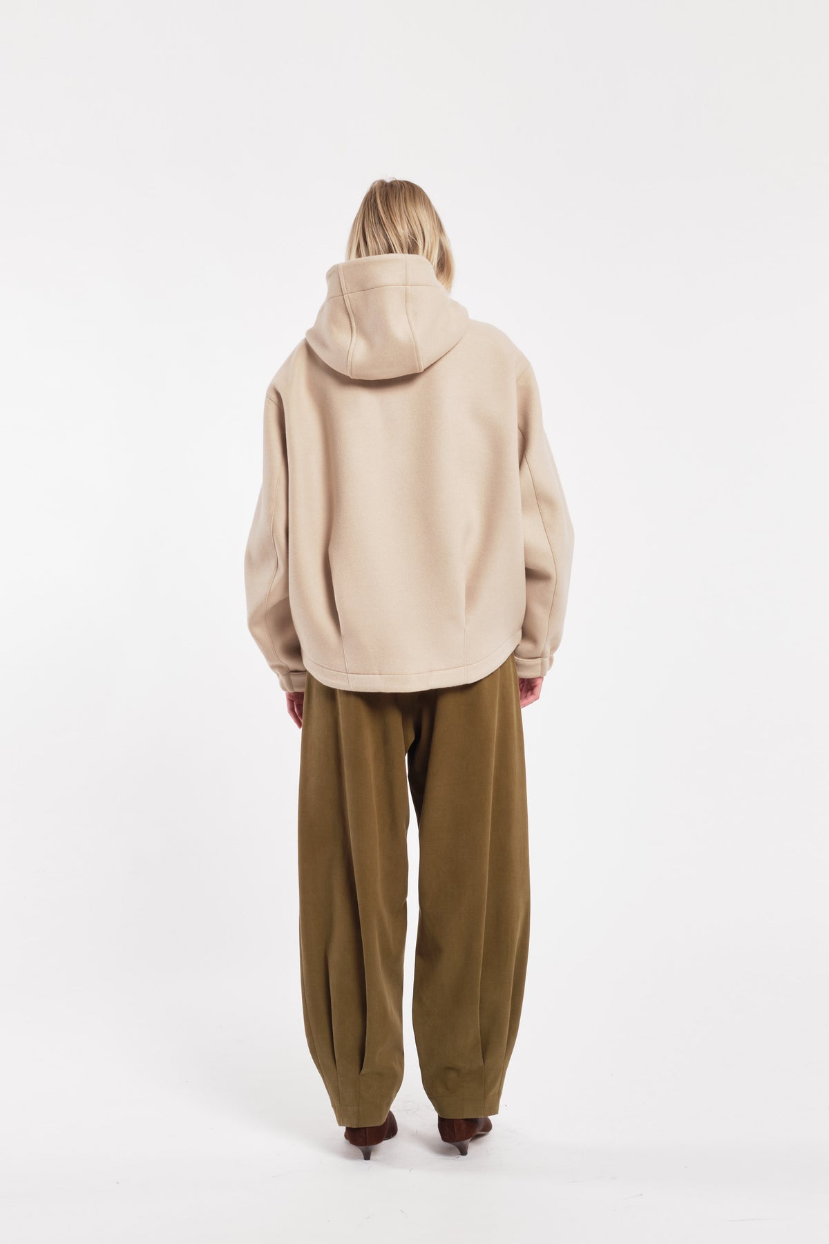 Beige Wool Hooded Bomber Jacket