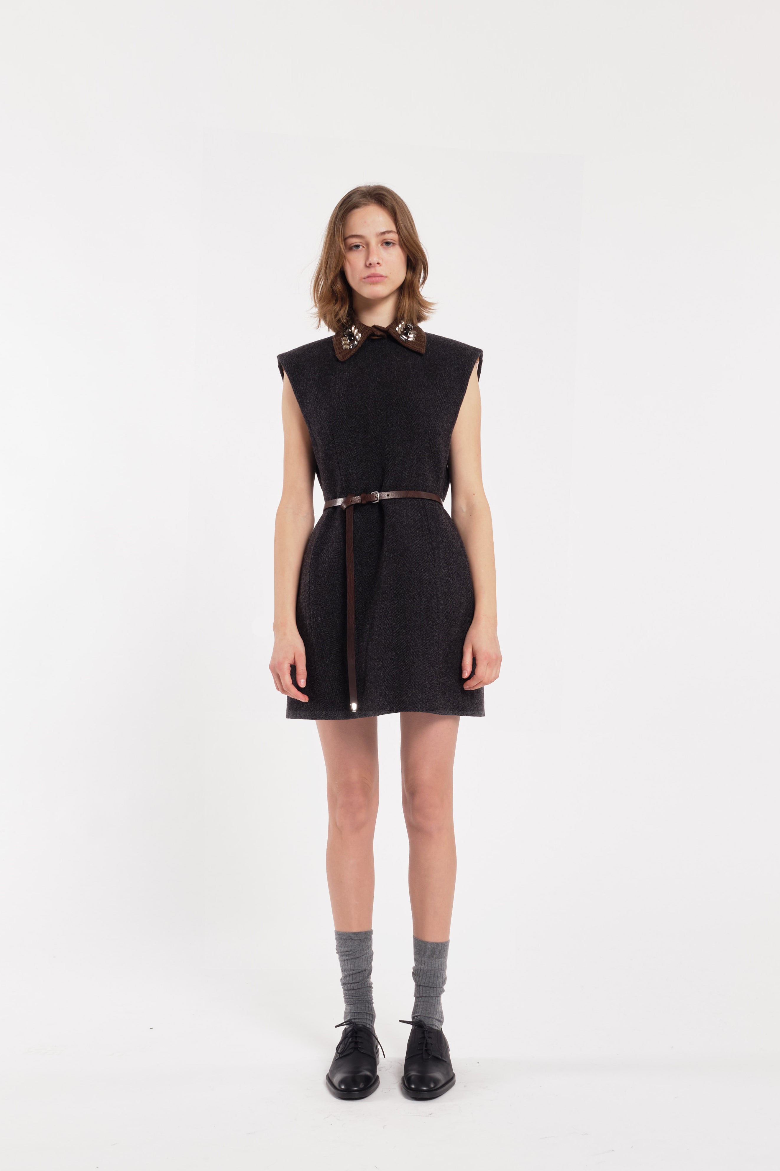 Anthracite Grey Sleeveless Mini Dress In Wool Cloth