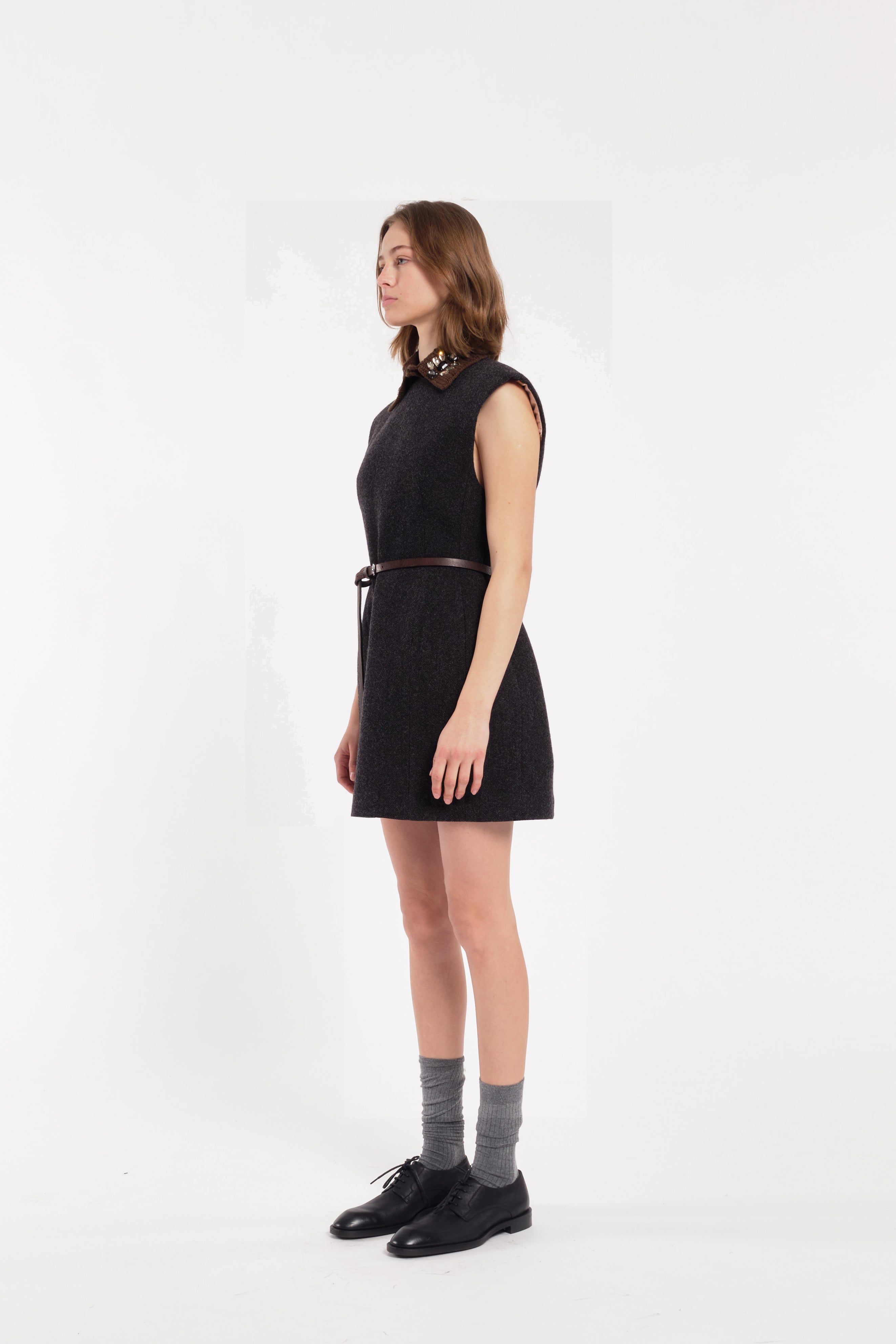 Anthracite Grey Sleeveless Mini Dress In Wool Cloth