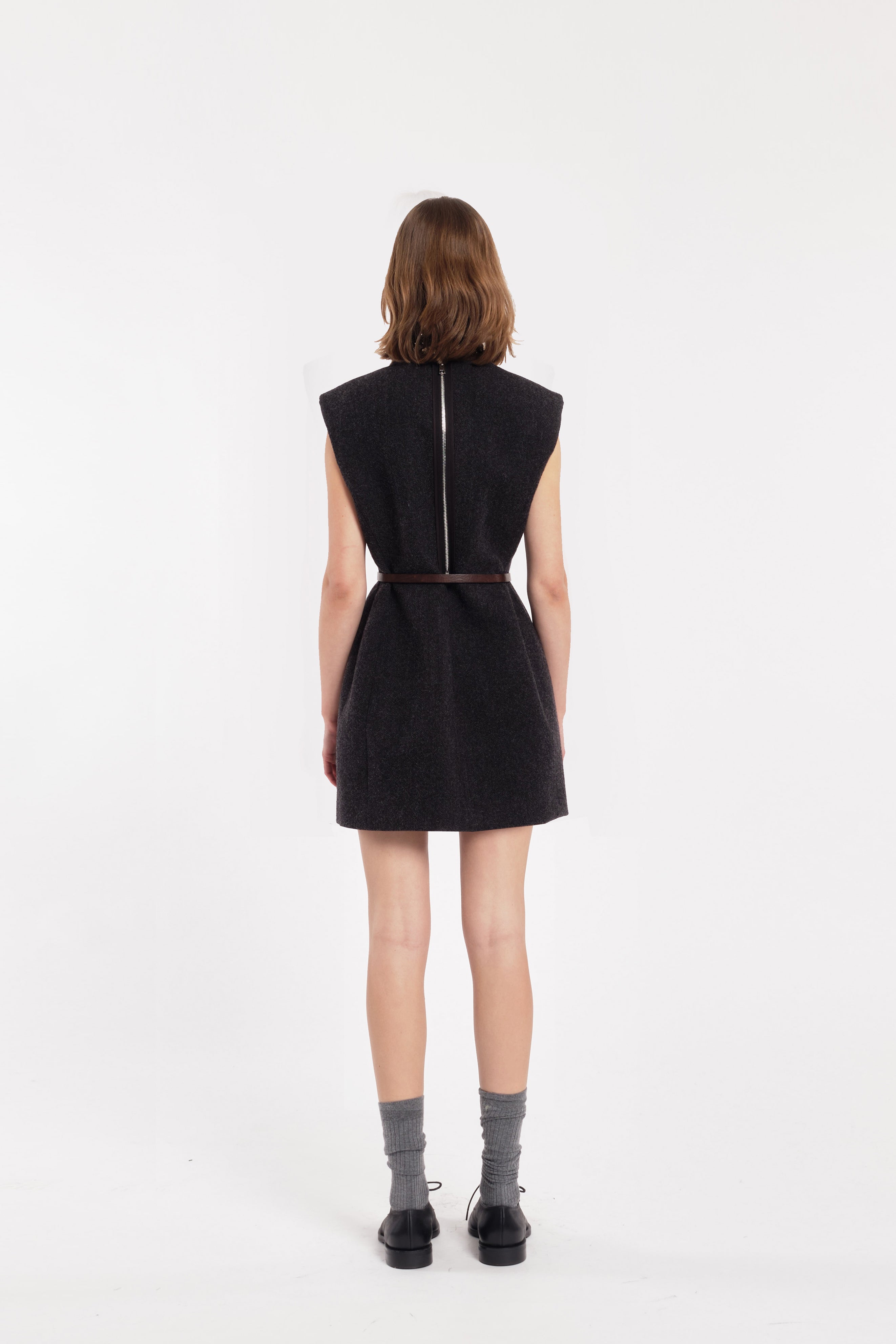 Anthracite Grey Sleeveless Mini Dress In Wool Cloth