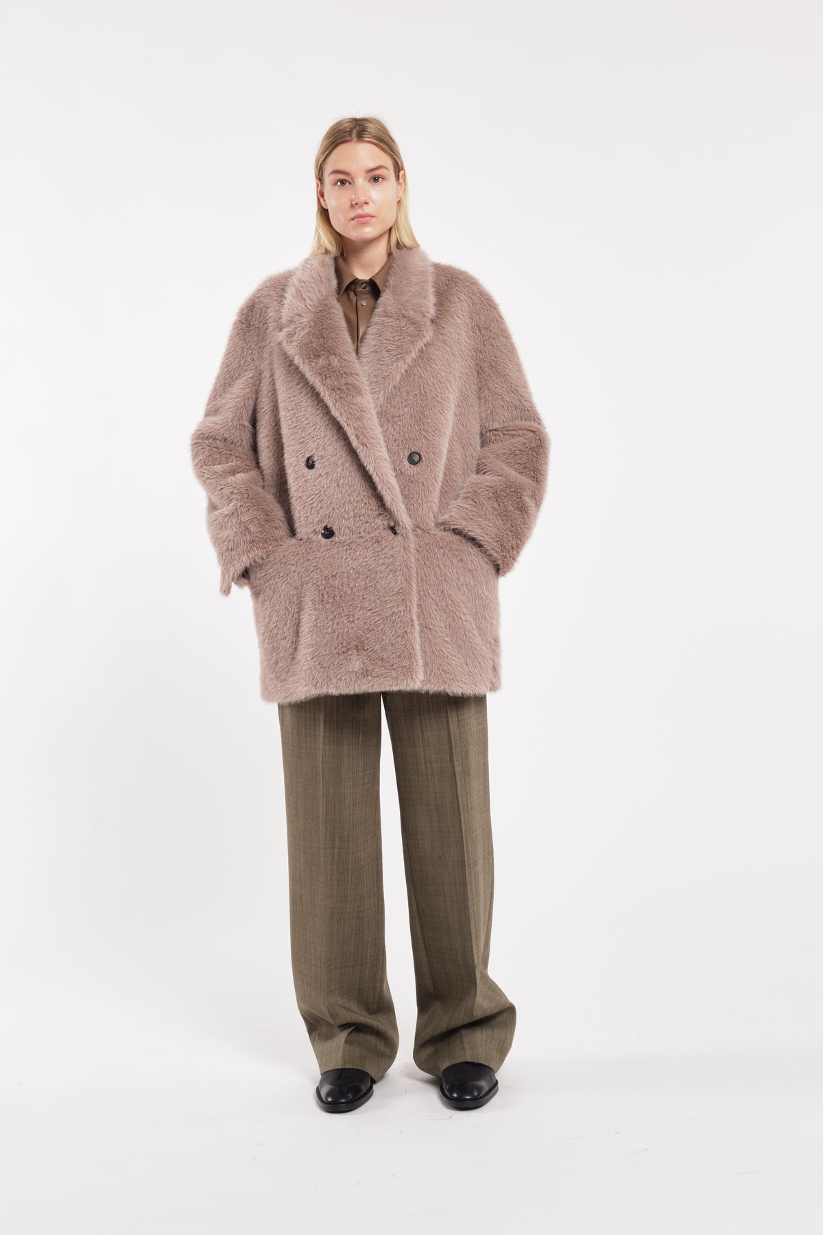 Beige Double-Breasted Faux Fur Blazer Jacket