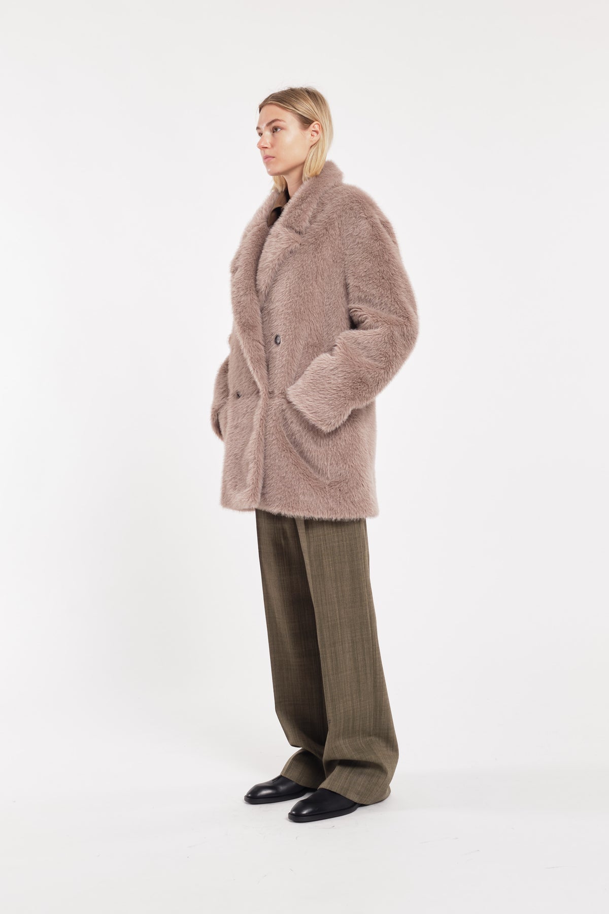 Beige Double-Breasted Faux Fur Blazer Jacket