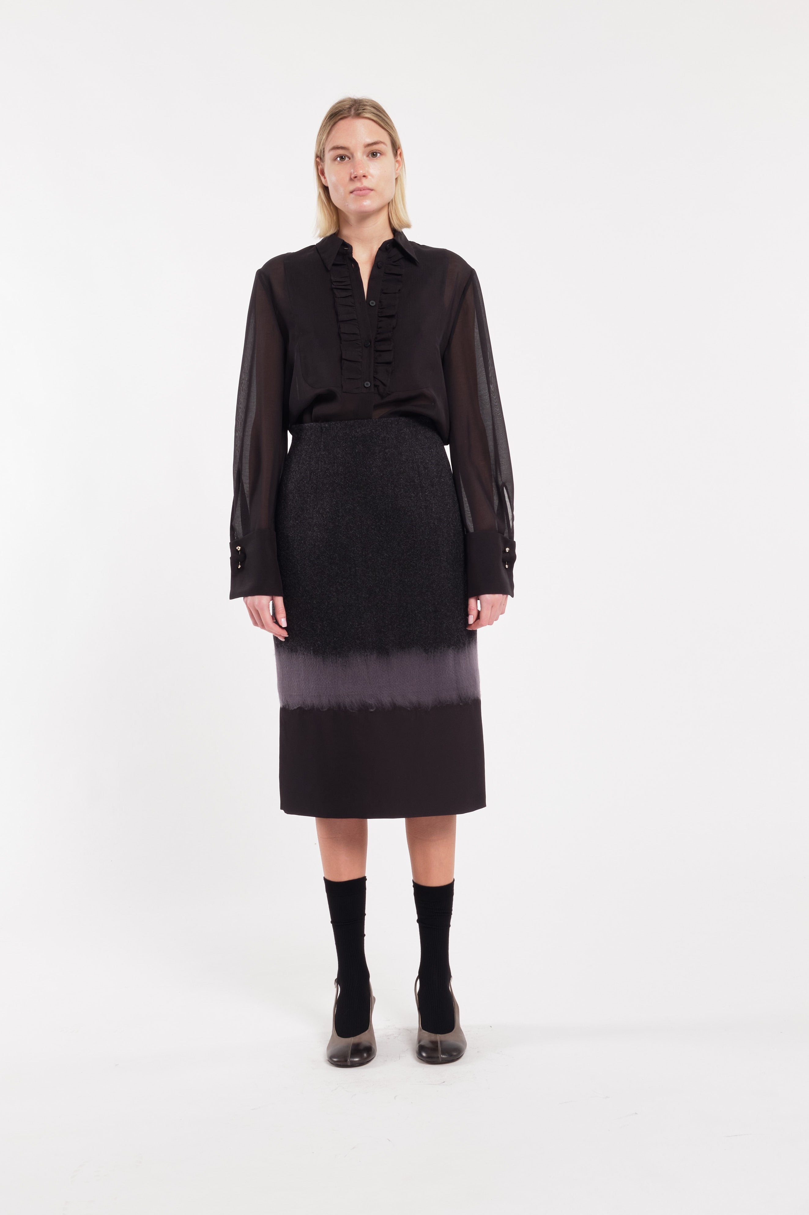 Grey And Black Patterned Wool Cloth Pencil Midi Skirt