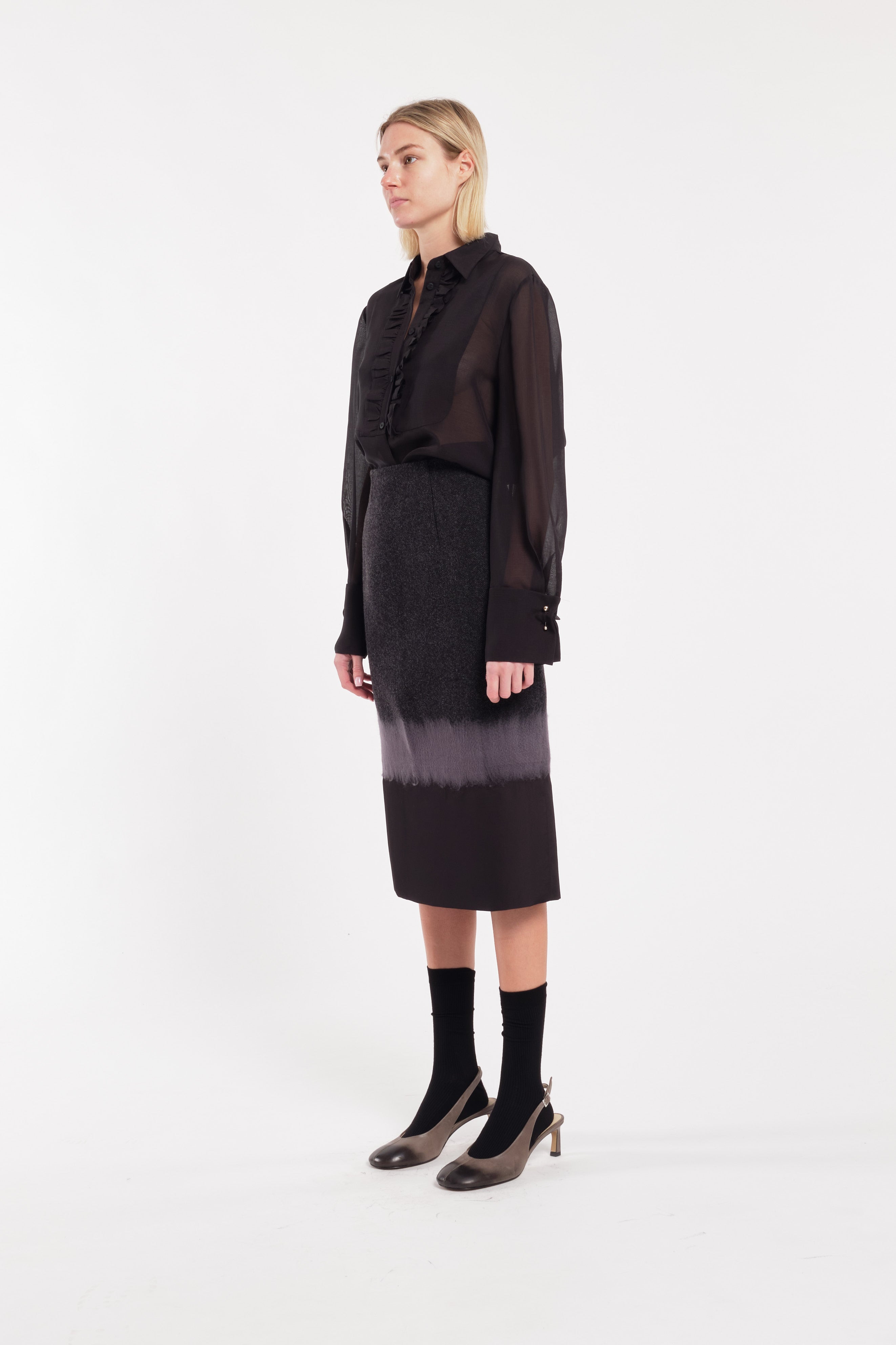 Grey And Black Patterned Wool Cloth Pencil Midi Skirt