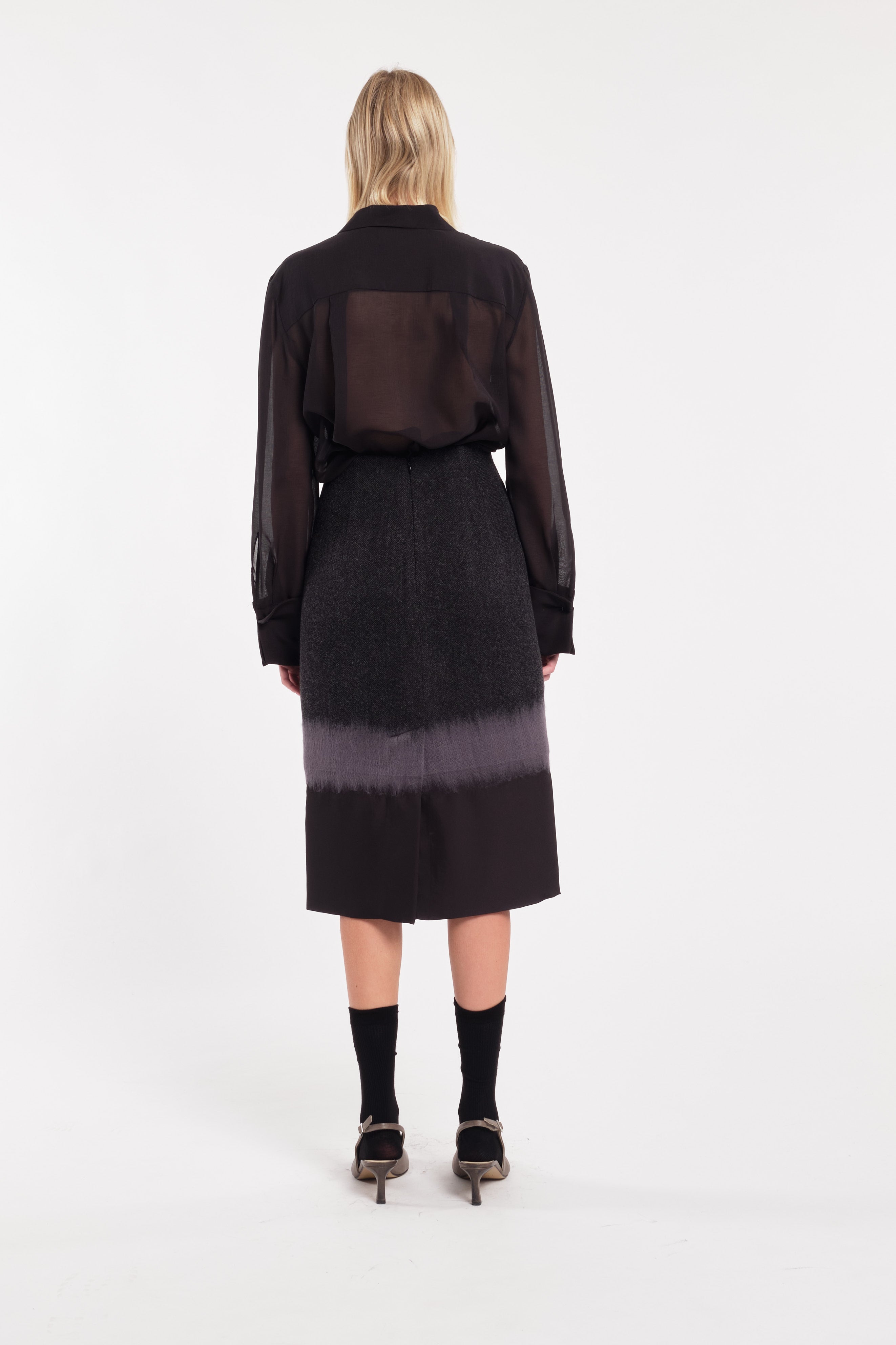Grey And Black Patterned Wool Cloth Pencil Midi Skirt