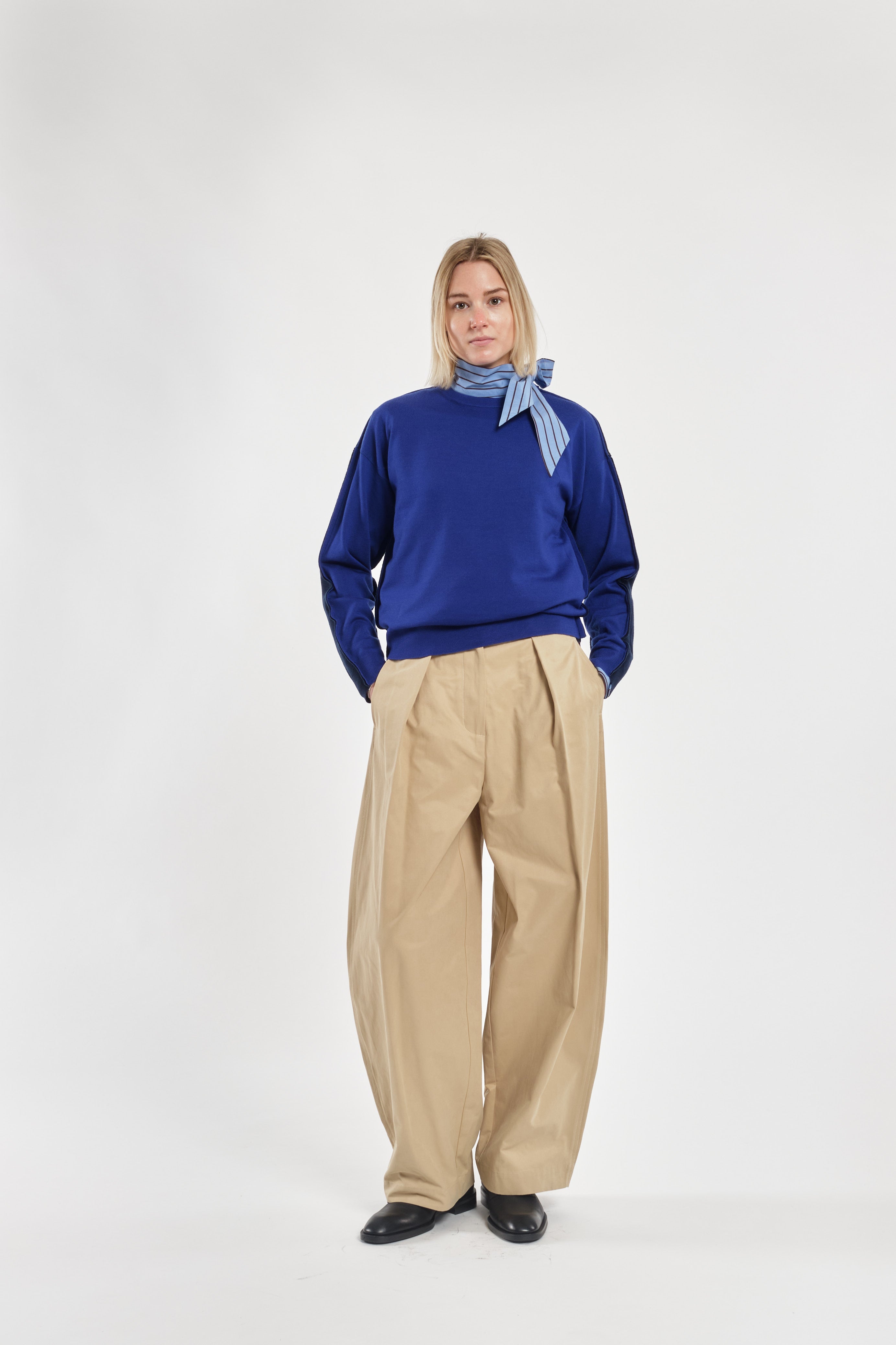 Beige Cotton Balloon Trousers With Front Pleats