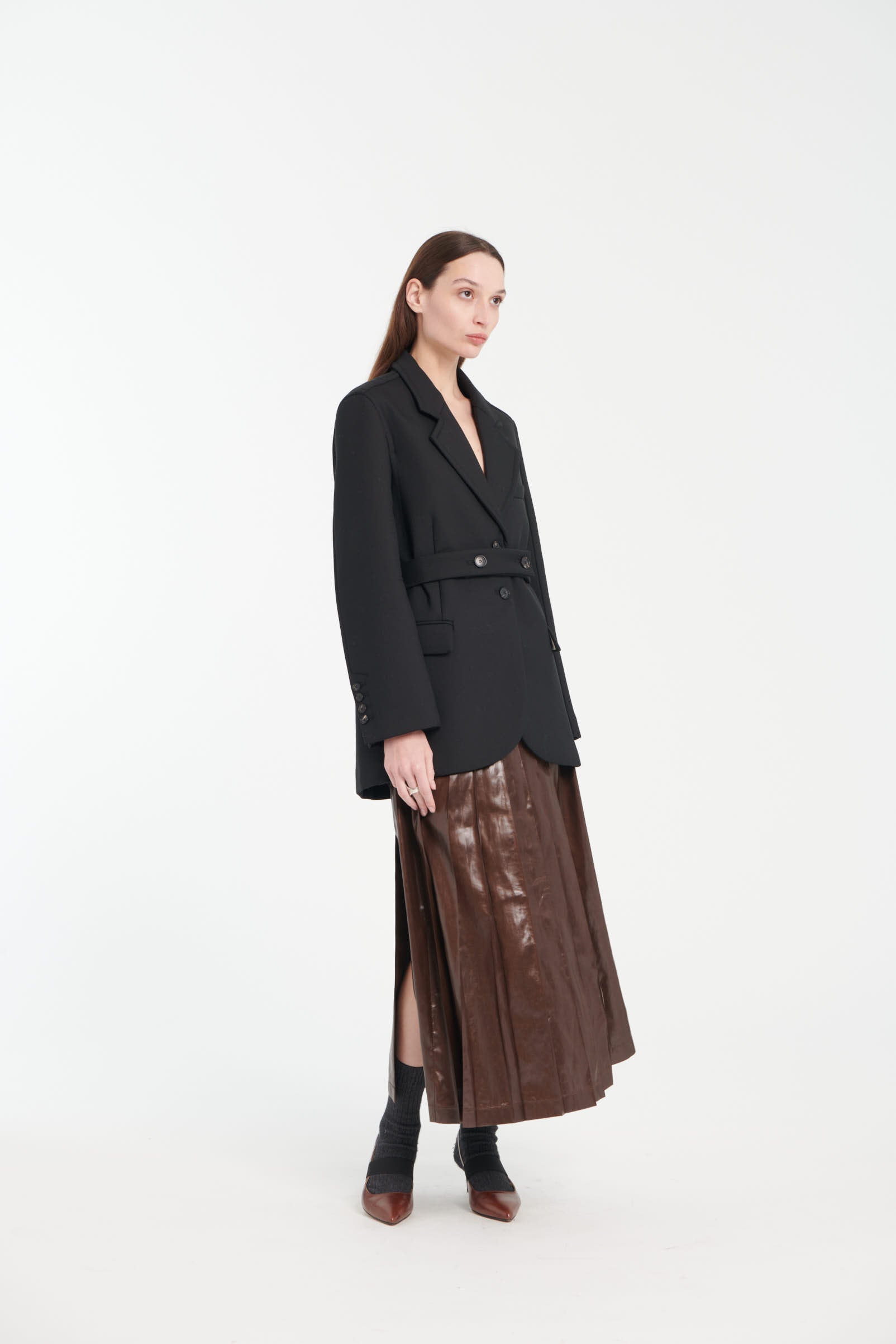 Cacao Taffeta Leather-Look Midi Skirt