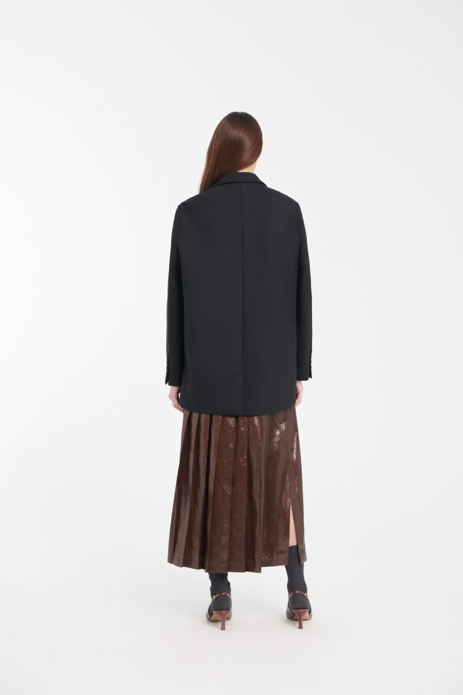 Cacao Taffeta Leather-Look Midi Skirt