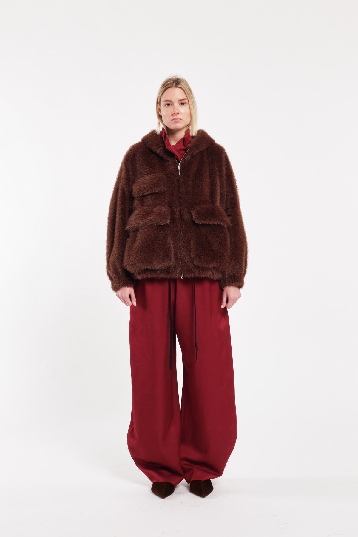 Brown Teddy Fur Jacket With Zip And Large Pockets