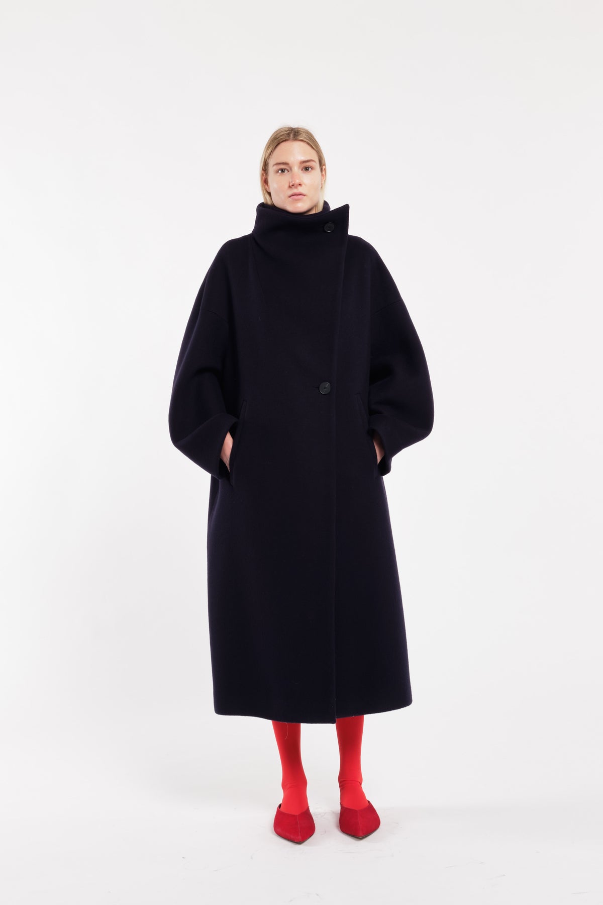 Dark Blue Long Wool Cloth Coat With Wide Collar