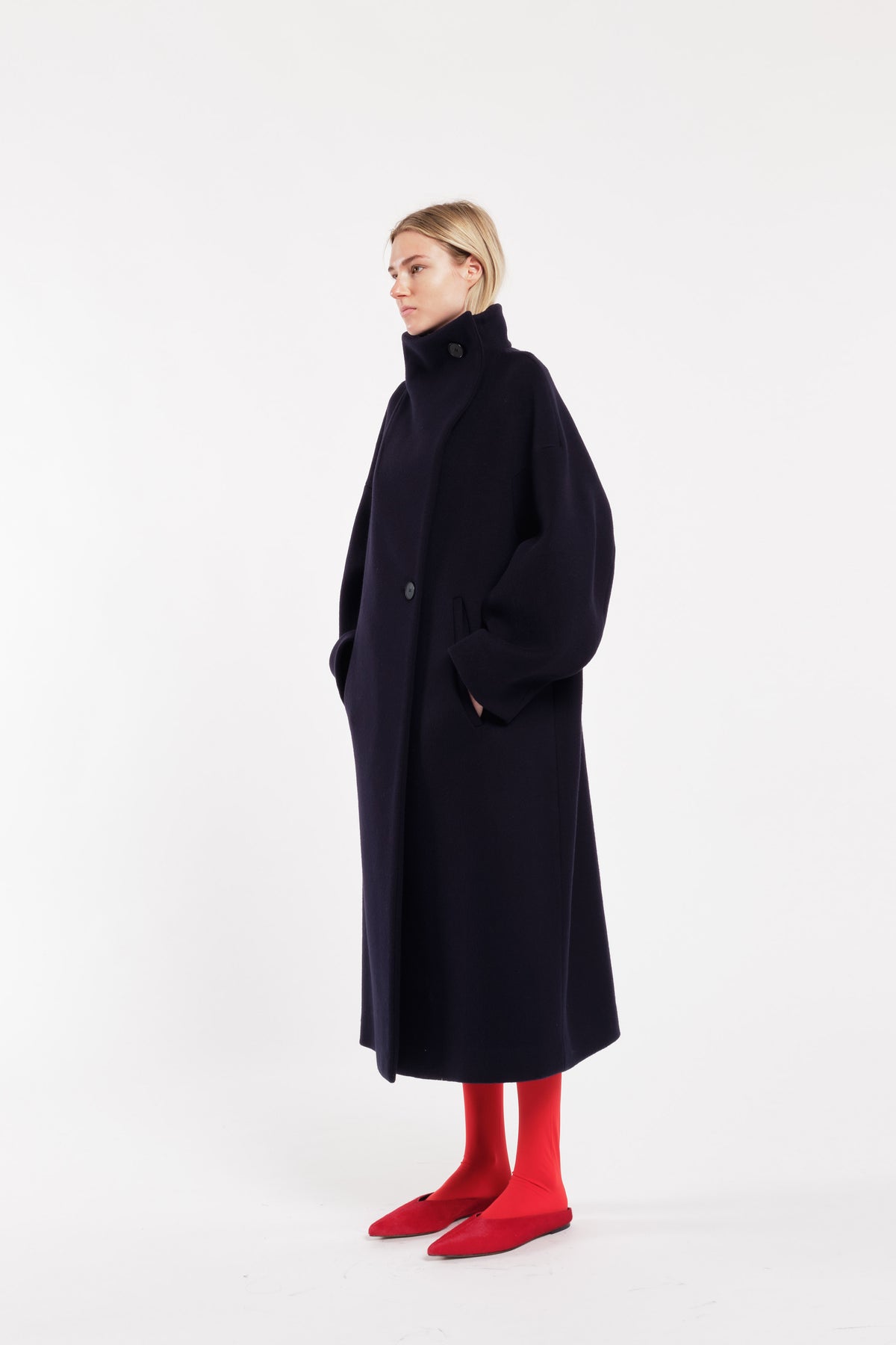 Dark Blue Long Wool Cloth Coat With Wide Collar
