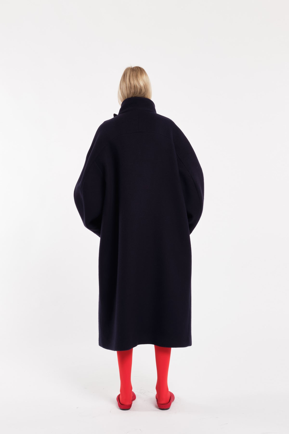 Dark Blue Long Wool Cloth Coat With Wide Collar