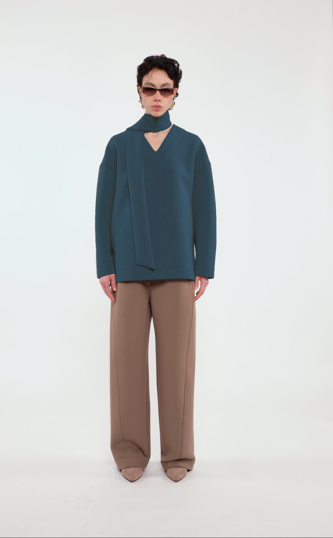 Soft Forest Green V-neck Sweatshirt With Scarf In Scuba Jersey