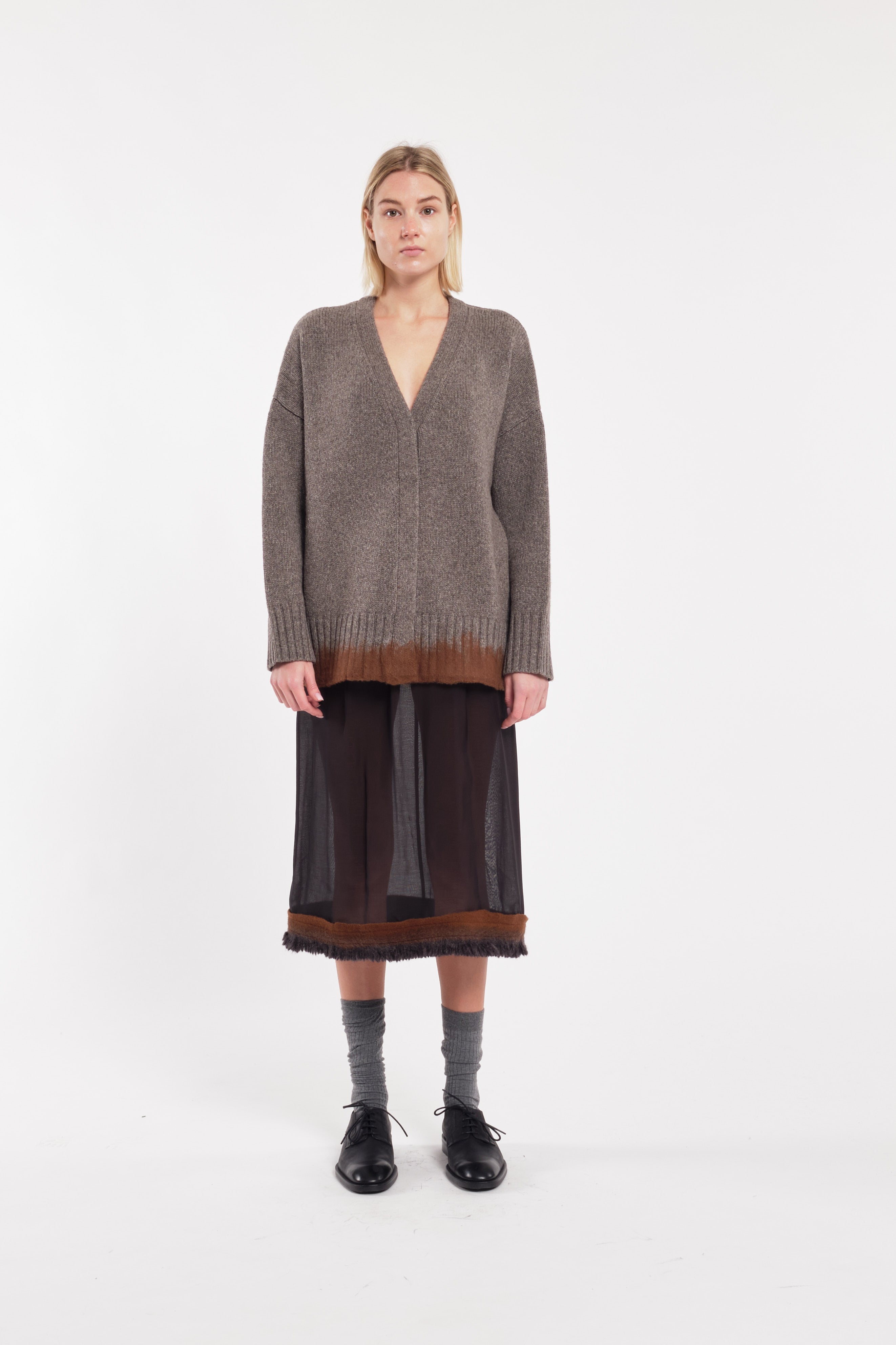 Grey Wool V-Neck Cardigan With Brown Detail