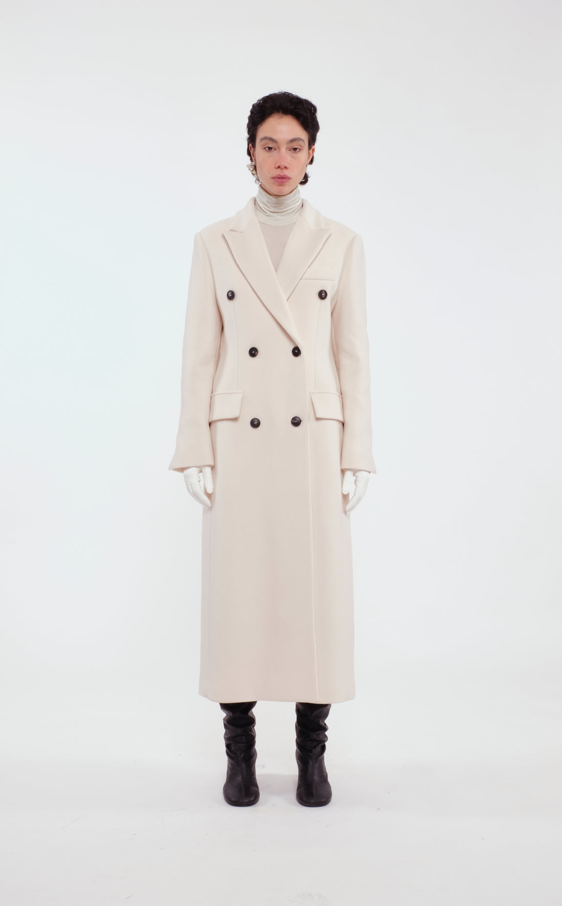 Cream Double-Breasted Long Coat