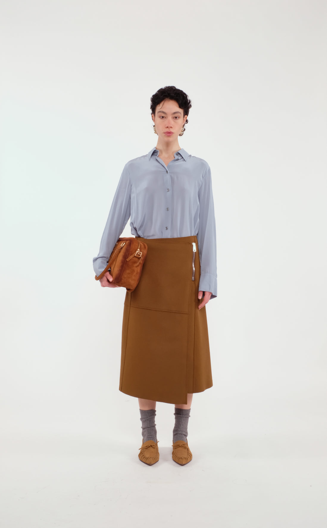 Bark Green Asymmetric Skirt In Solid Wool With Side Zipper