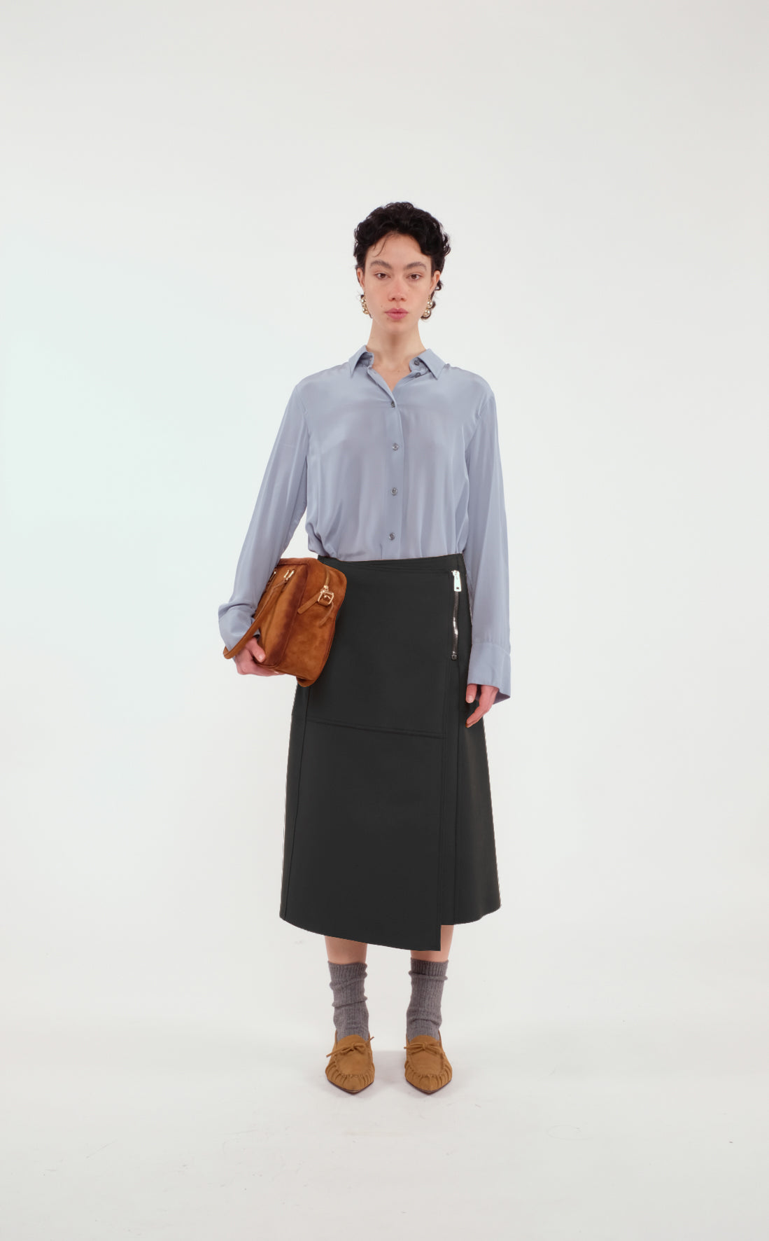 Black Asymmetric Skirt In Solid Wool With Side Zipper