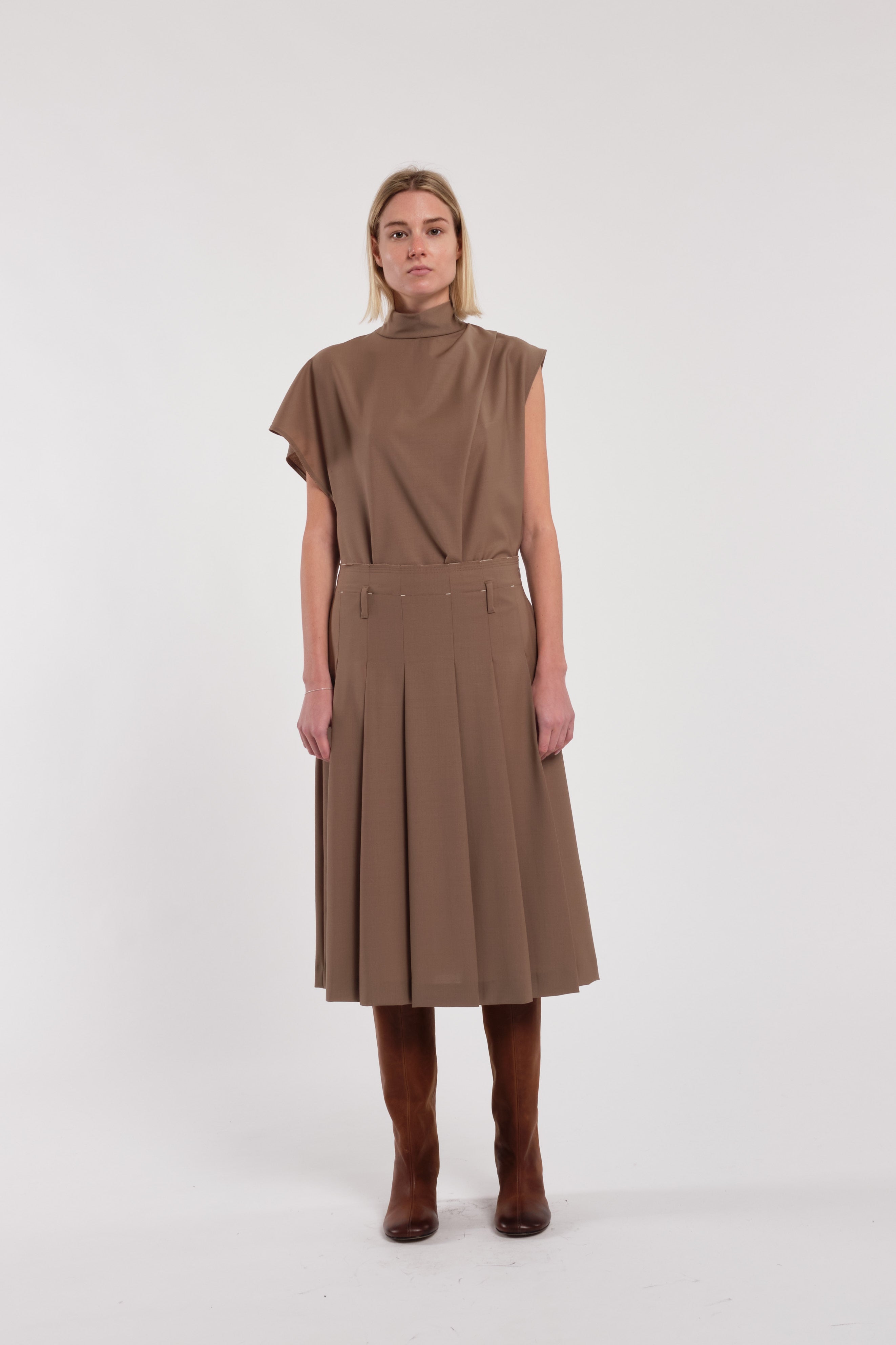 Beige Pleated Midi Skirt In Polyester And Wool Blend
