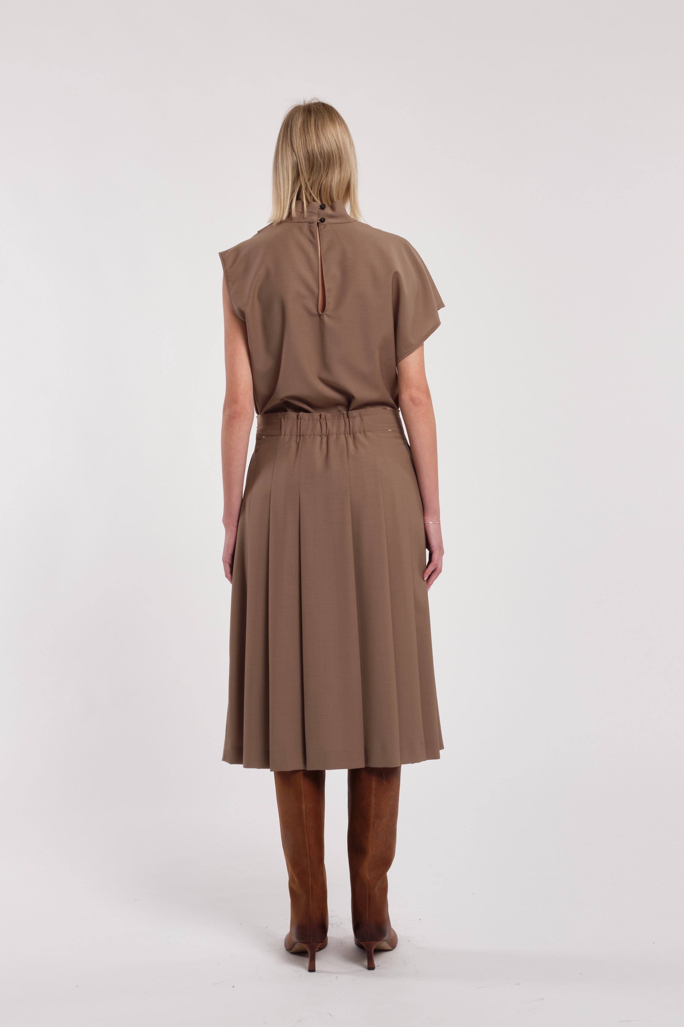 Beige Pleated Midi Skirt In Polyester And Wool Blend