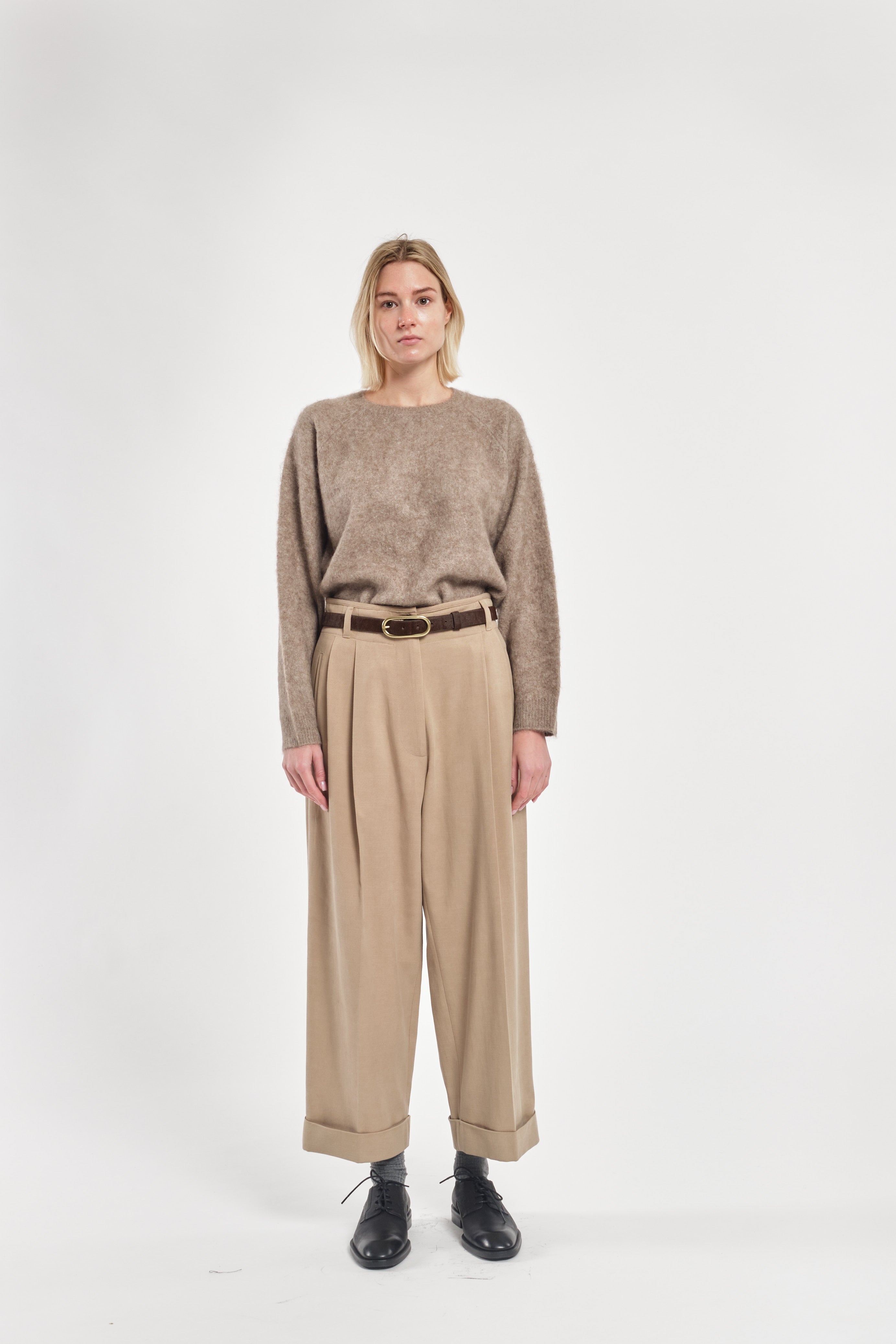 Beige Lyocell Cotton Double Pleated Ankle-Length Trousers