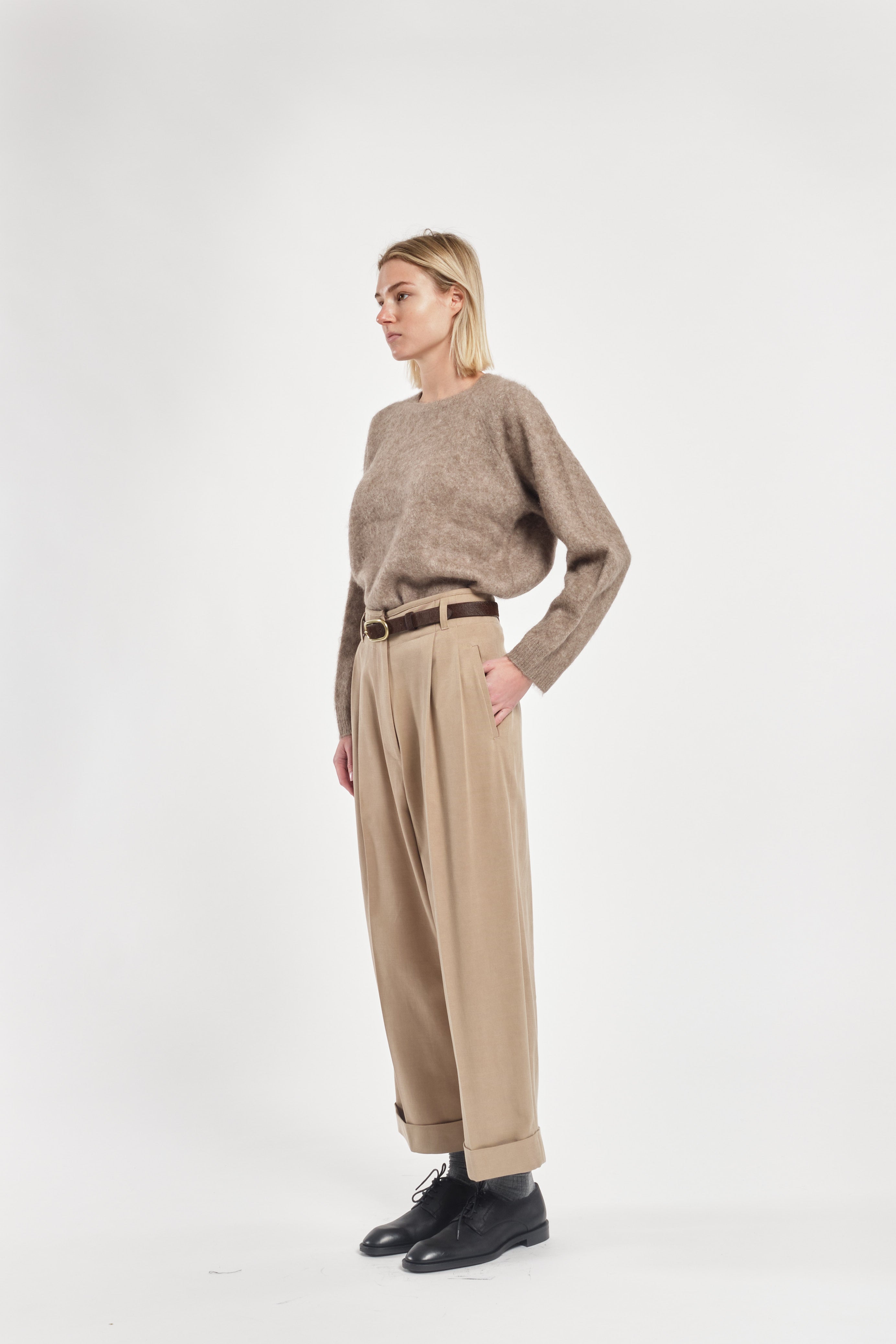 Beige Lyocell Cotton Double Pleated Ankle-Length Trousers