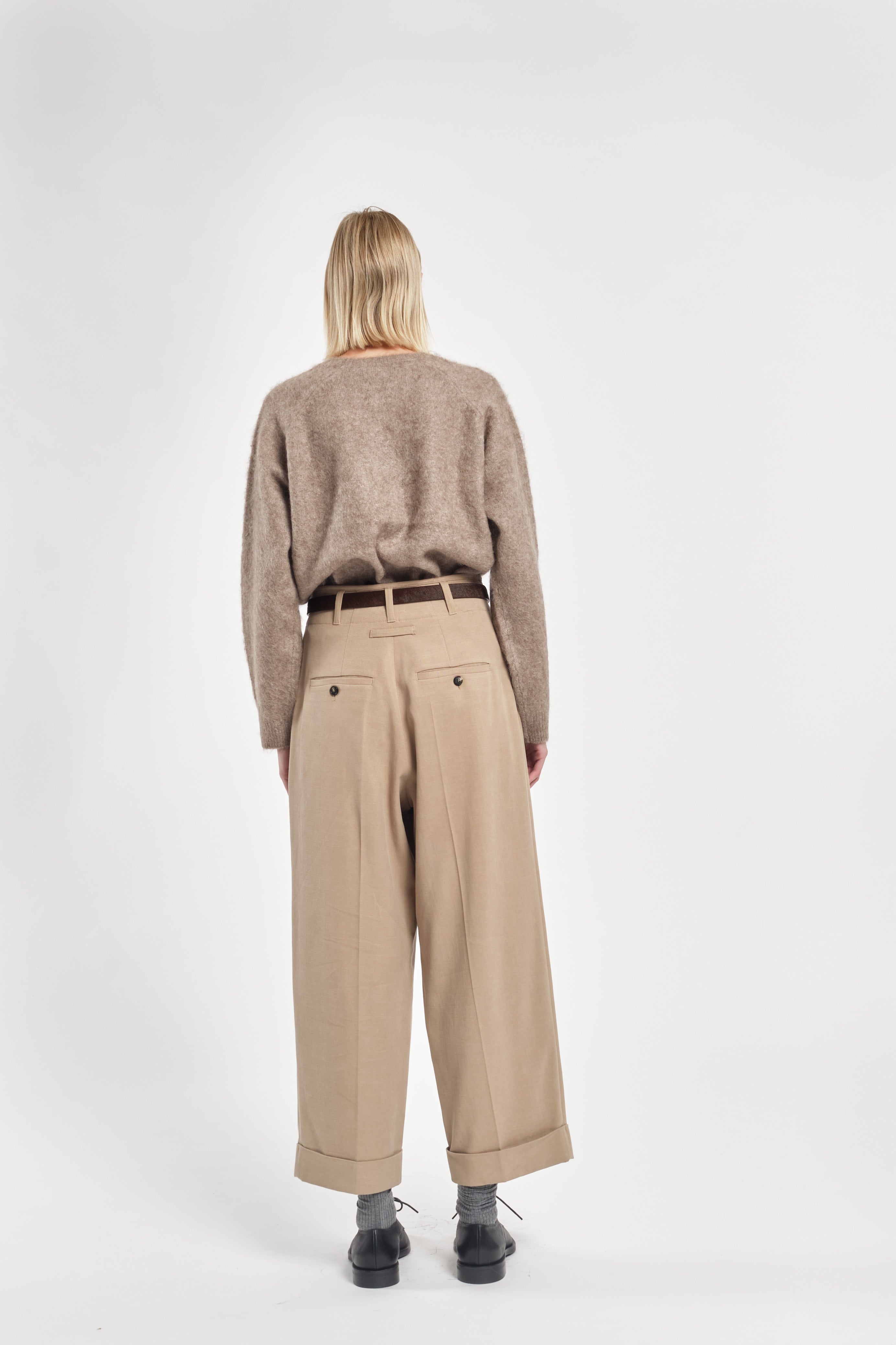 Beige Lyocell Cotton Double Pleated Ankle-Length Trousers